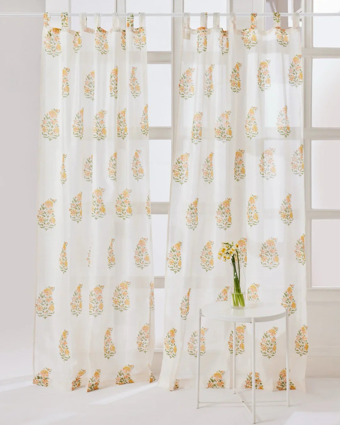 White & Yellow Hand Block Printed Linen Curtains | Floral Bouquet Design-2