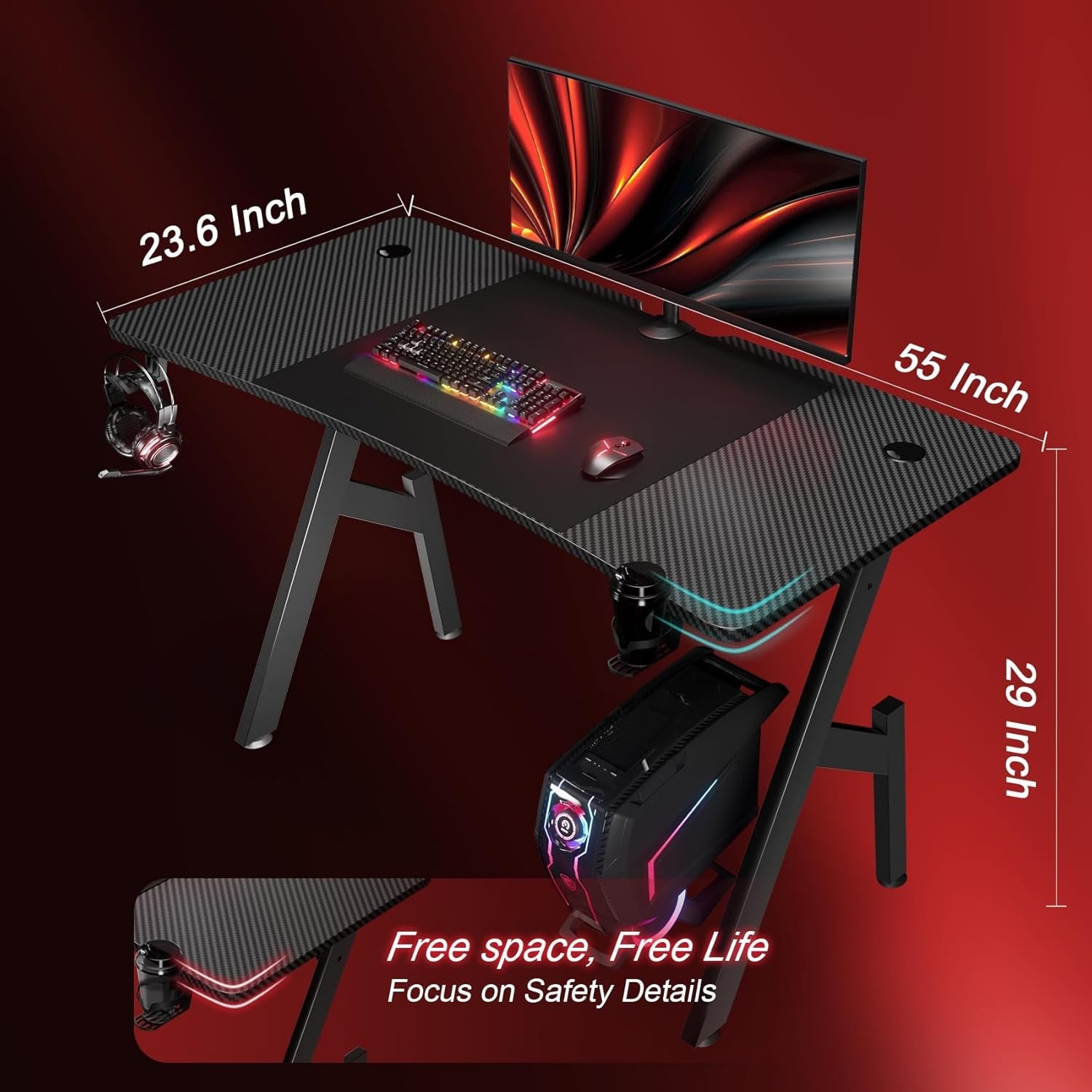 55 Inch Gaming Desk with Carbon Fibre Surface Features