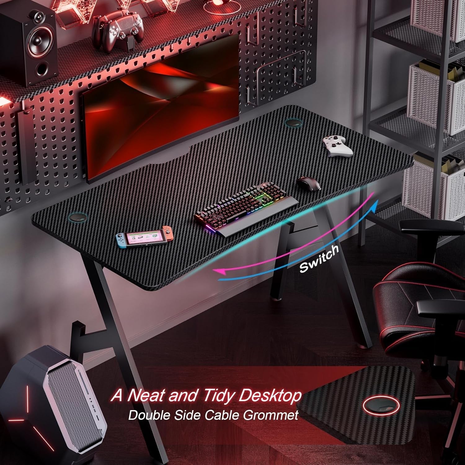 55 Inch Gaming Desk with Carbon Fibre Surface Features