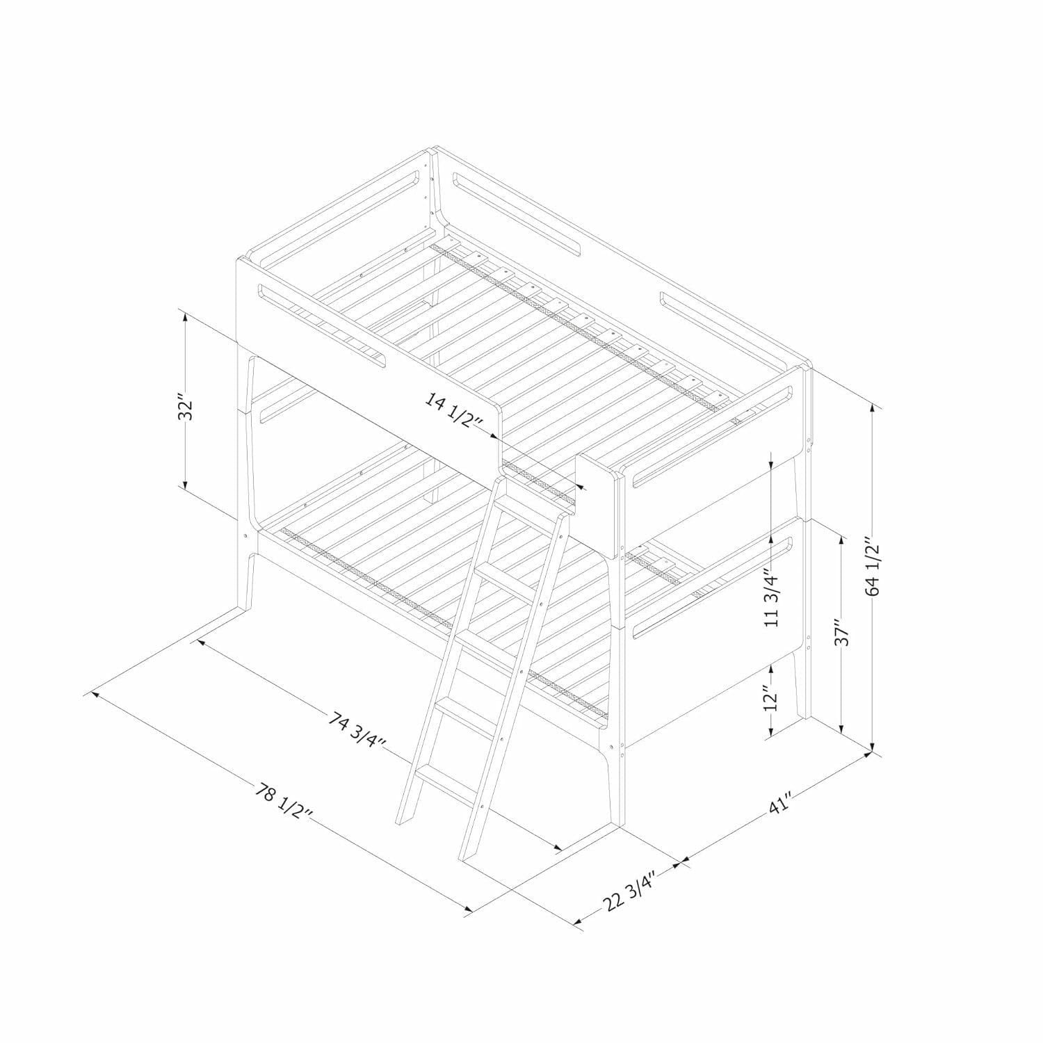 Bebble Twin Bunk Bed Charcoal Gray With Angled Ladder