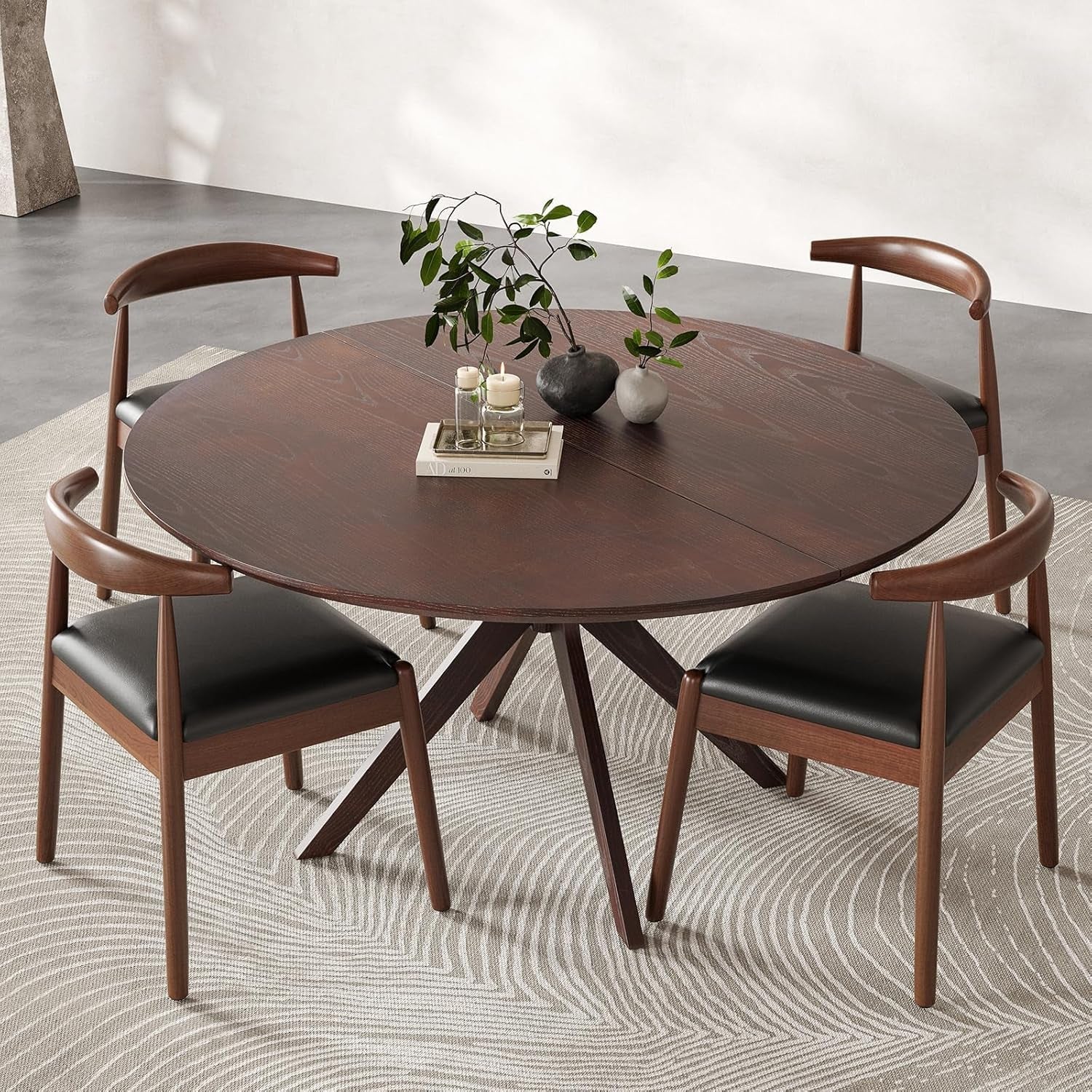 Walnut 47.2-Inch Round Dining Table With X Pedestal Solid Wood