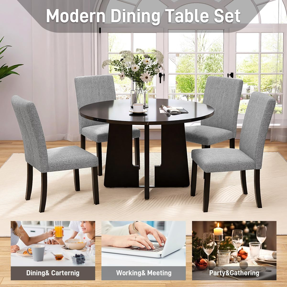 Solid Round Dining Table Set Five Piece Grey And Black