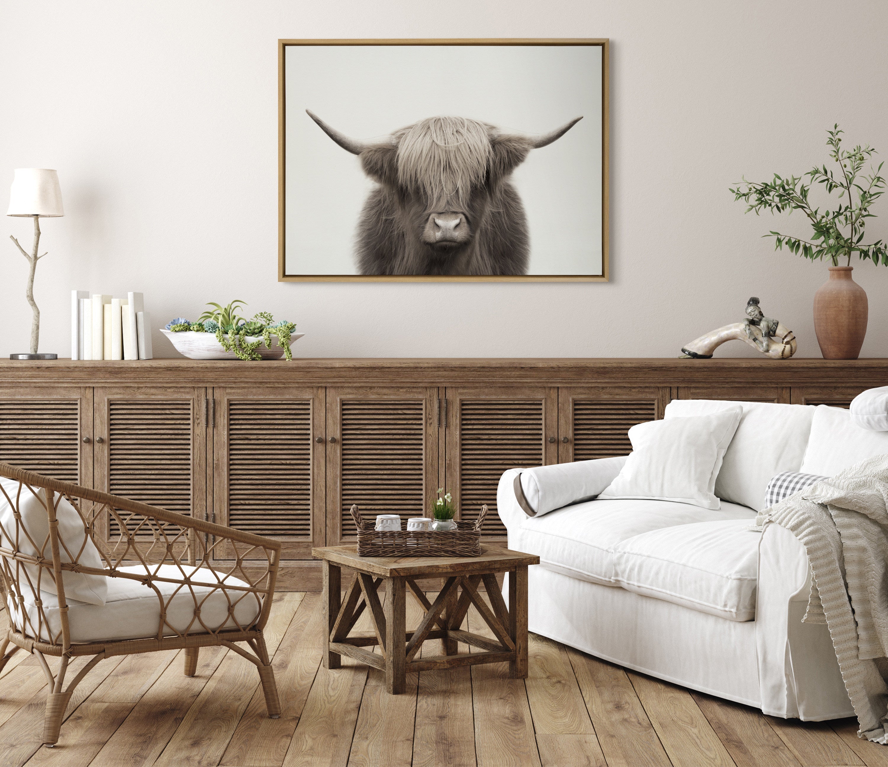 Sylvie Hey Dude Highland Cow Color Framed Canvas by The Creative Bunch Studio