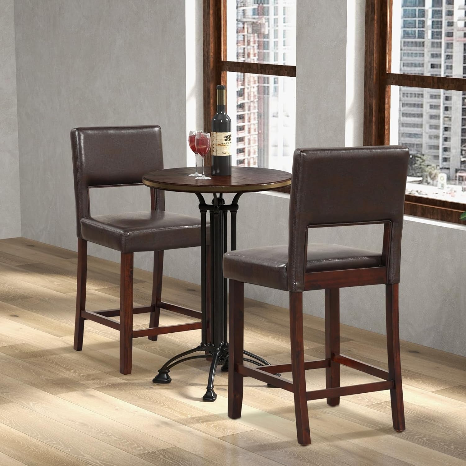 Counter Height Bar Stools Set Of Two, Twenty Four Point Five Inch, Brown Upholstered PVC Leather