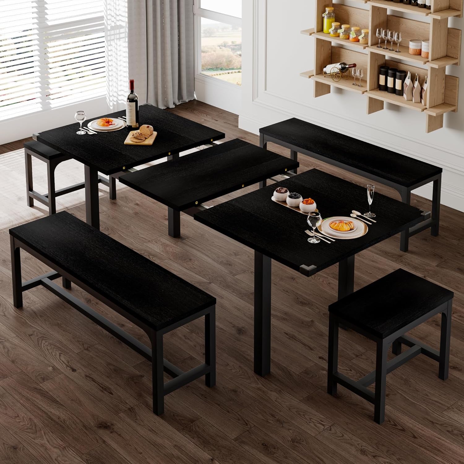 63 Inch Extendable Dining Table Set Black For 4 To 8