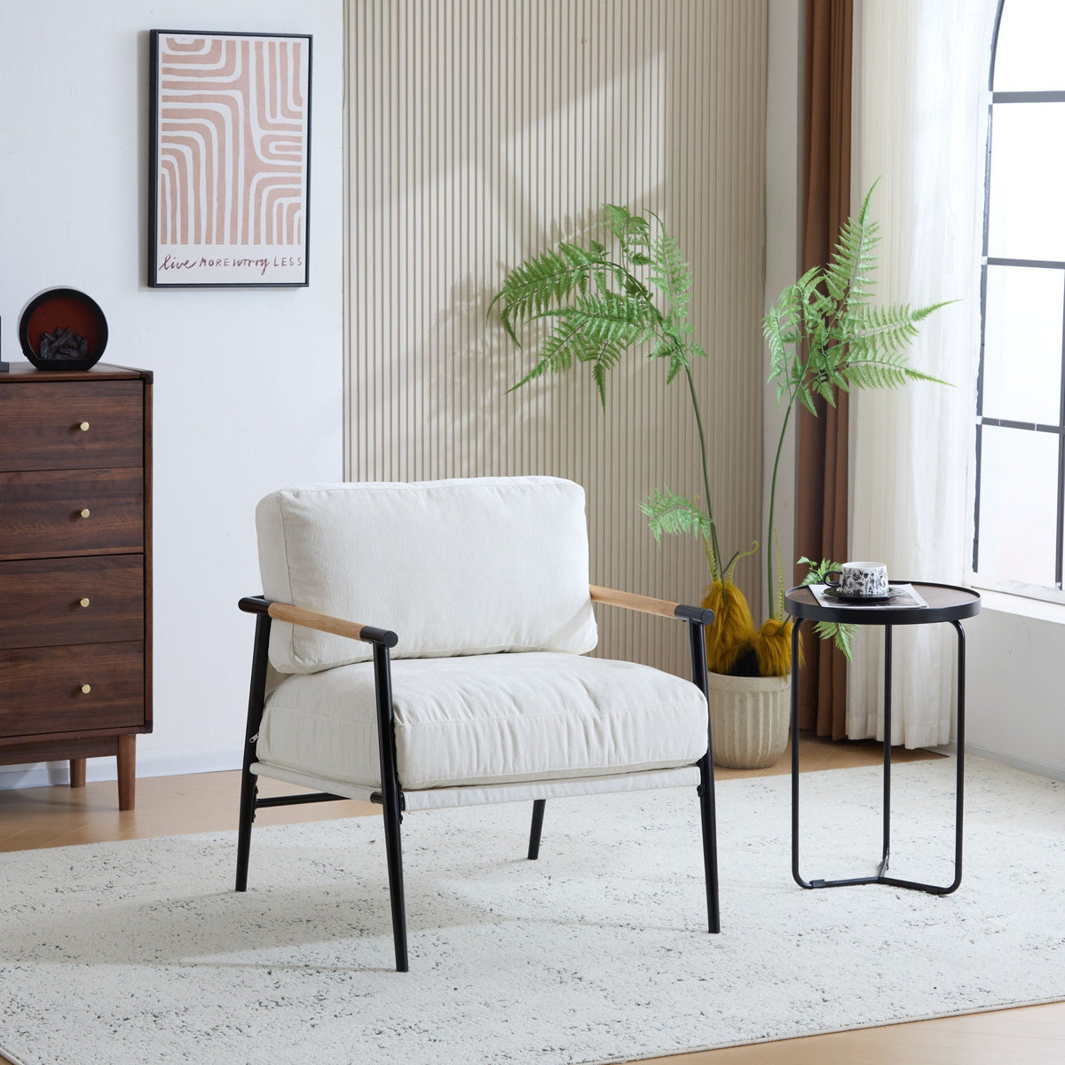 Modern Accent Chair with Plush Cushions and Wooden Armrests - Available in Multiple Colors