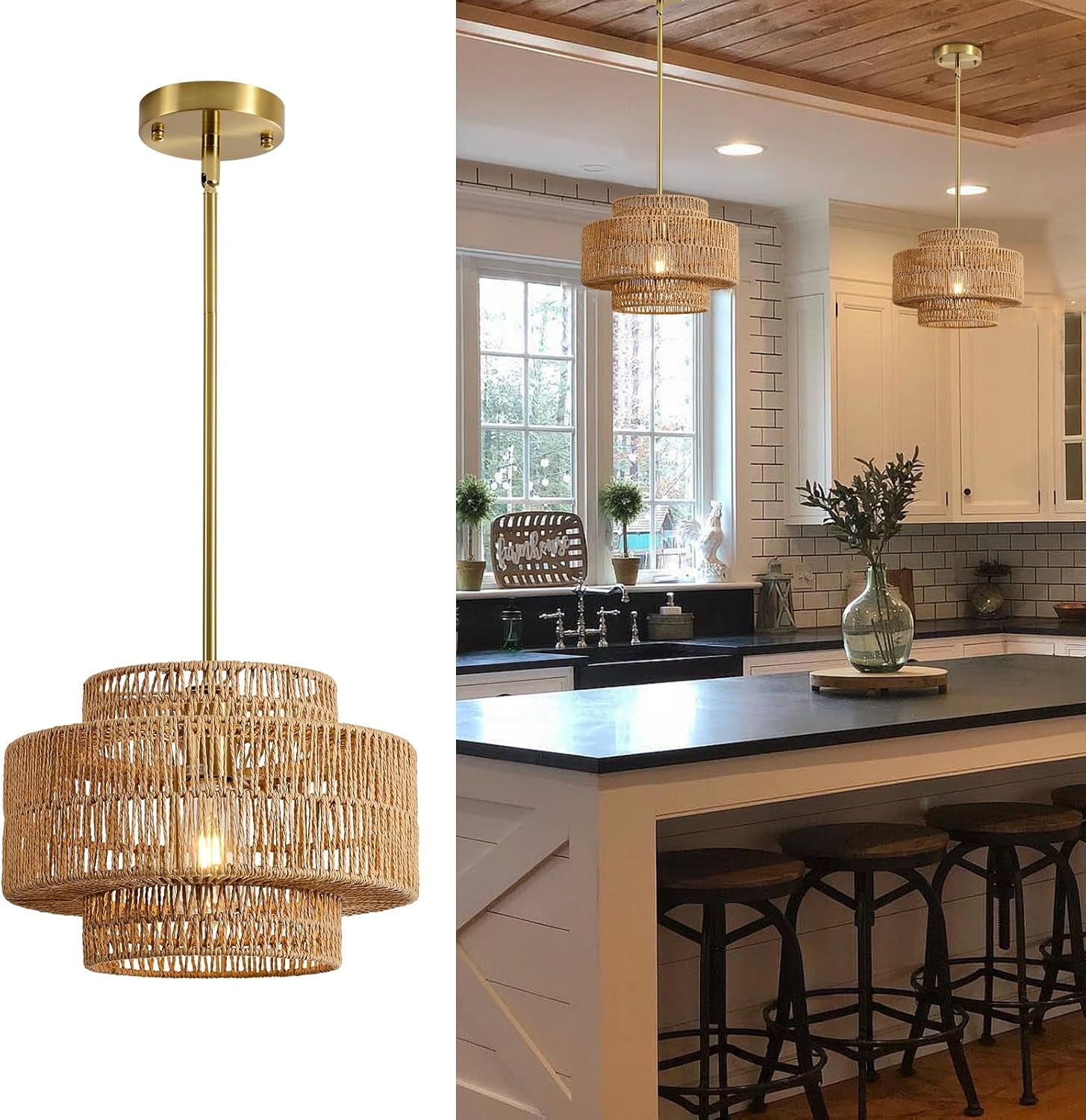 Boho Rattan Chandelier Handwoven Pendant Light Natural-0