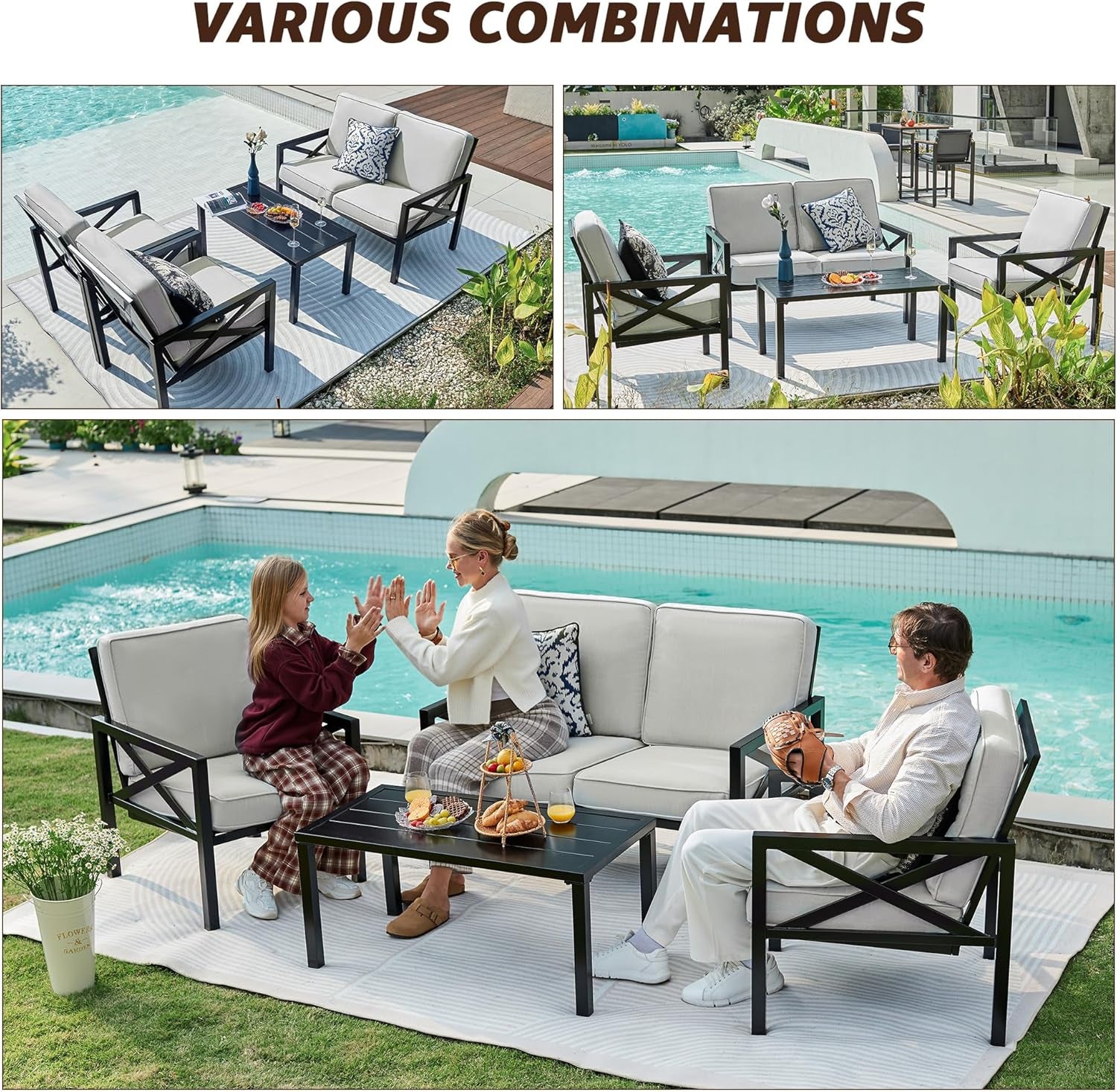 4 Piece Outdoor Metal Patio Set With 5.5 Inch Cushions And Coffee Table