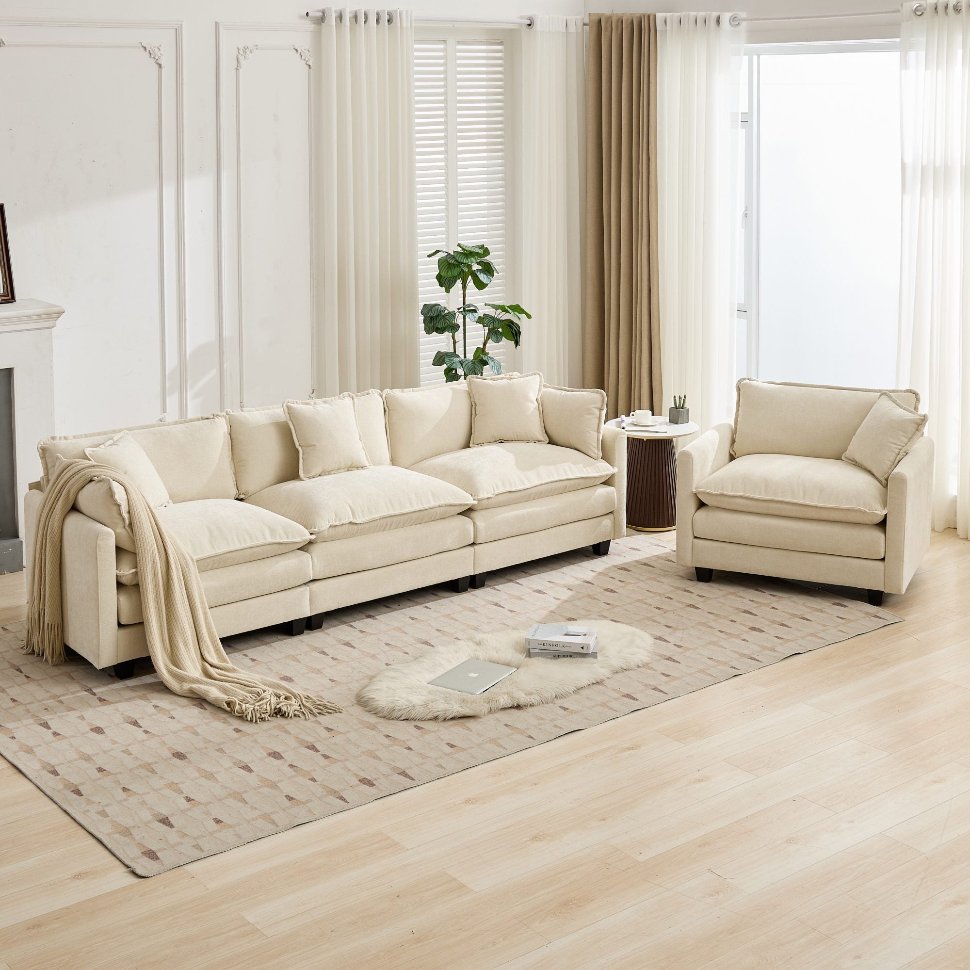 Cloud3 Seats Sofa (Ottoman is not included)Chenille Fabric in Beige