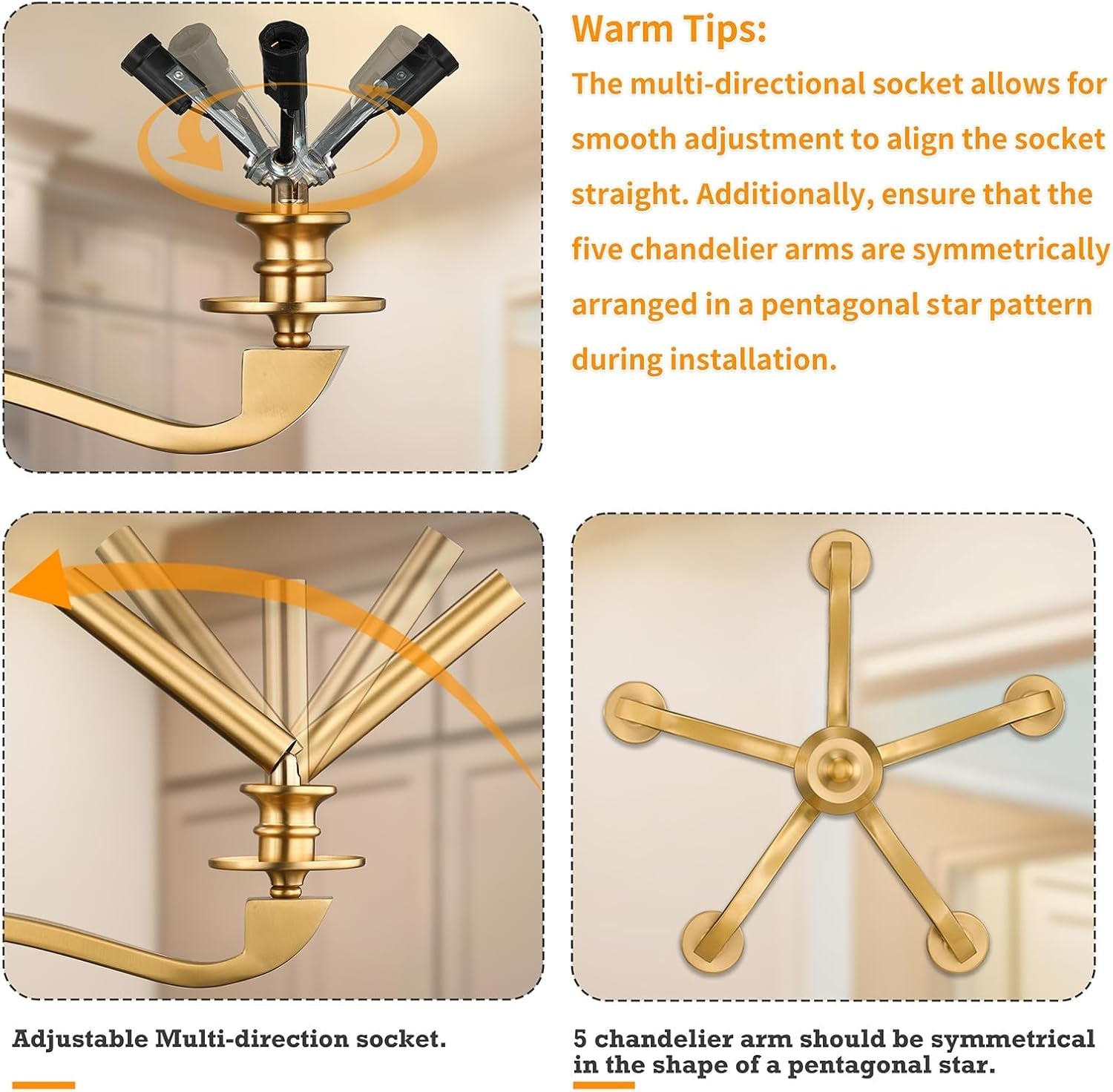 Gold 5 Light Chandelier 25.5 Inch Farmhouse Brass Dining-4