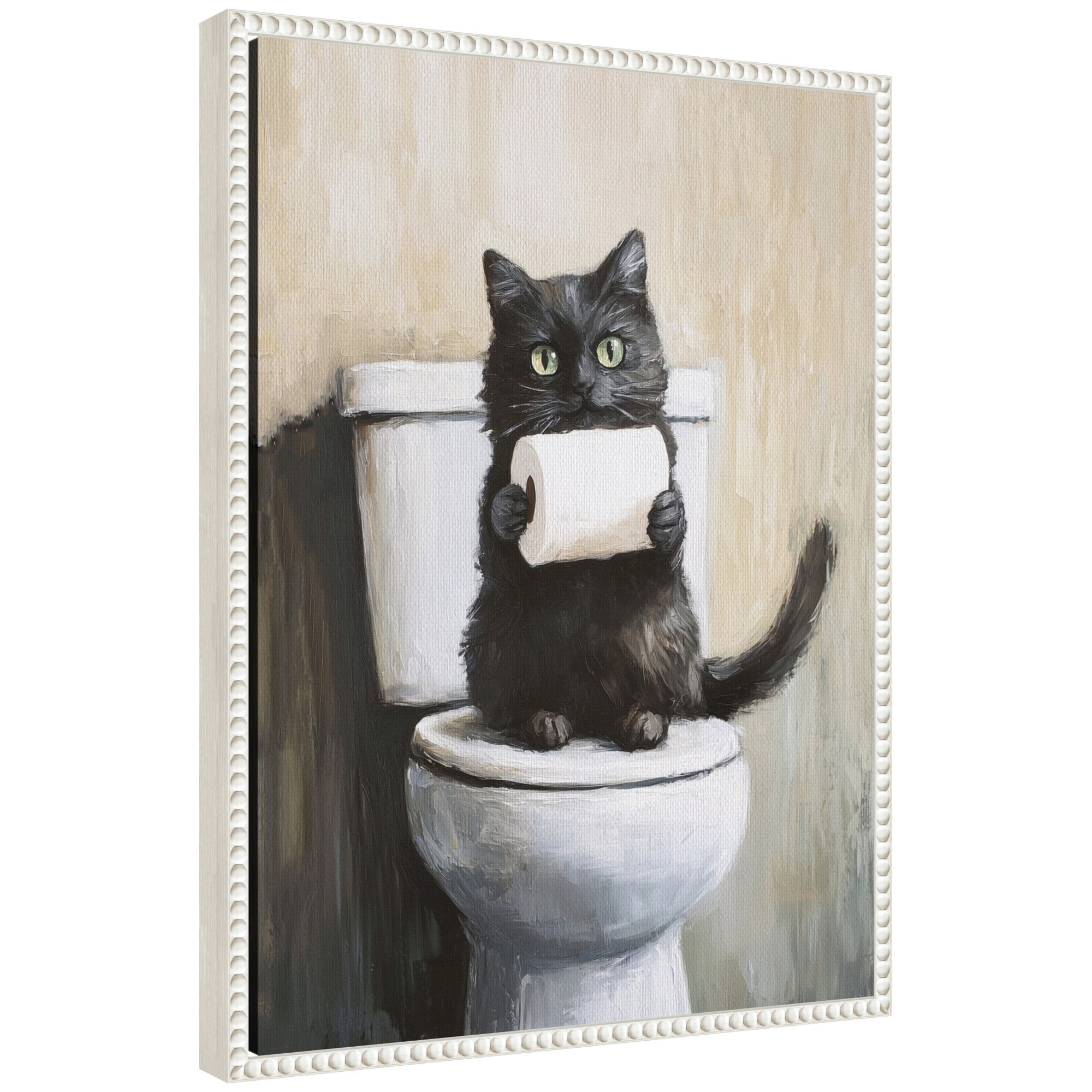 Sylvie Mischievous Black Cat Holding Toilet Paper Roll Toilet Bathroom Art Framed Canvas by The Creative Bunch Studio