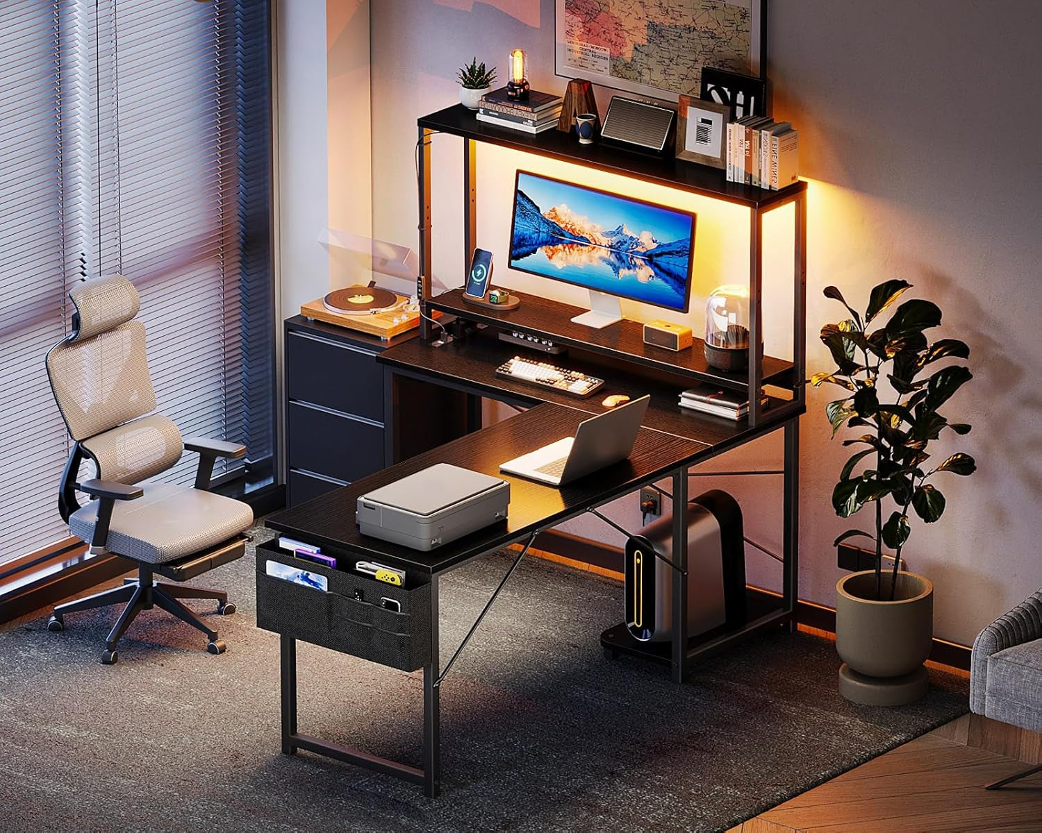 L Shaped Gaming Desk With LED Lights And Power Outlets