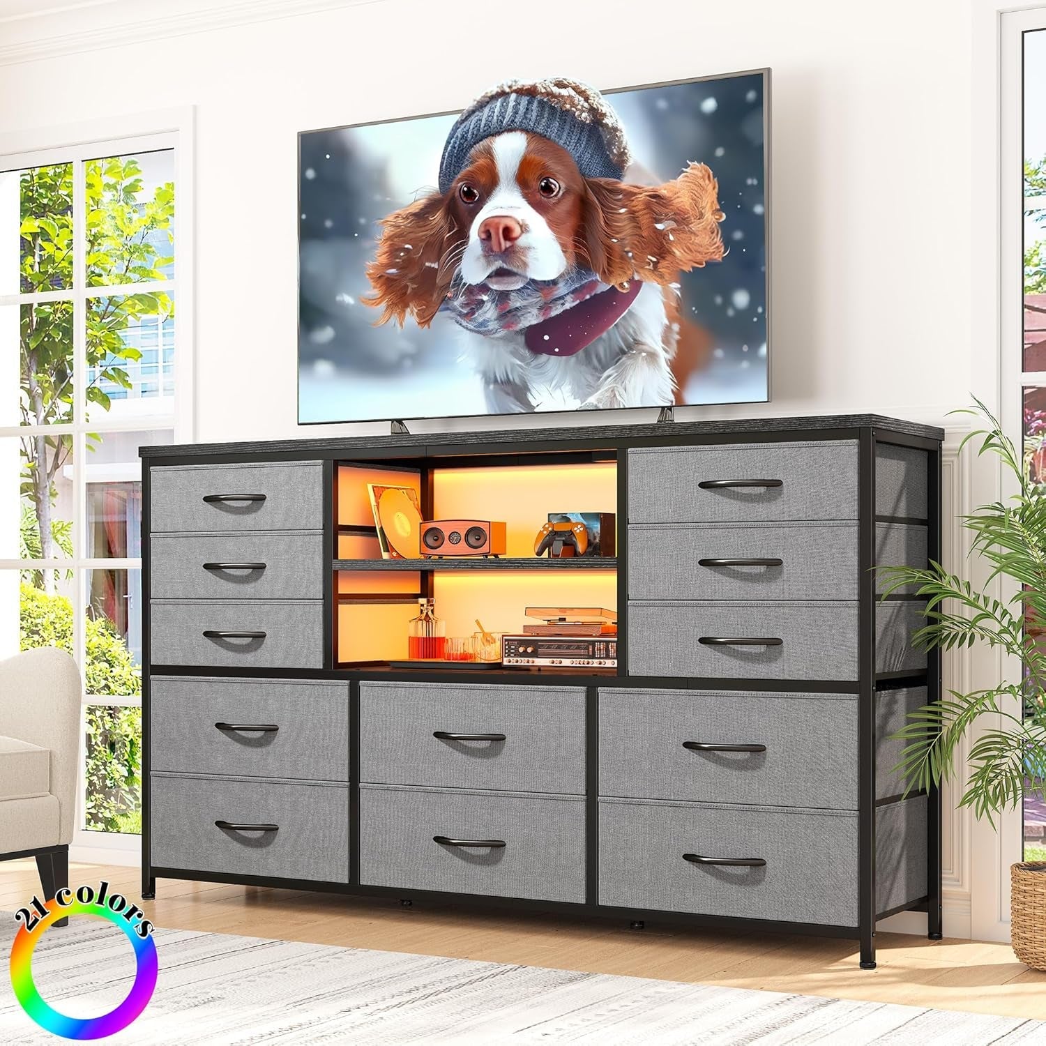 12 Drawer Long Dresser With LED Lights And Built In Power Outlet For Bedroom Storage