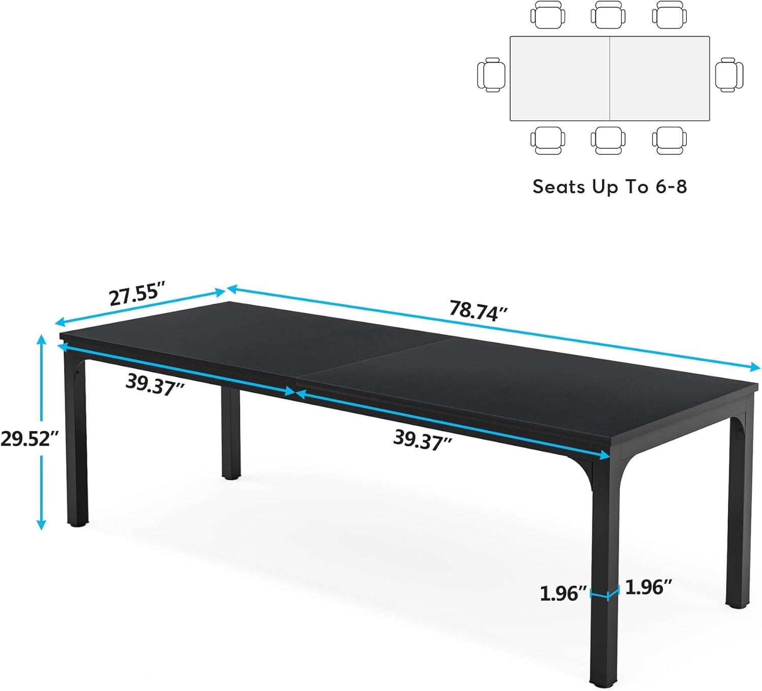Black 78 Inch Rectangle Dining Table For 6 To 8 People