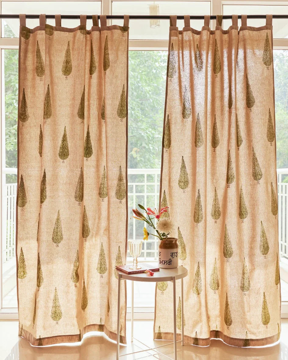 Beige & Green Hand Block Printed Linen Curtains | Cypress Tree Design-3