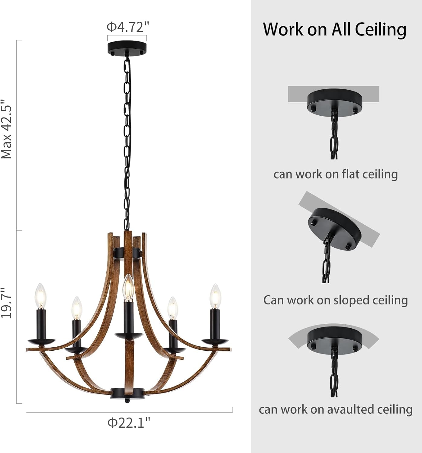 22 Inch Farmhouse Wooden Chandelier 5 Lights Black Finish-2