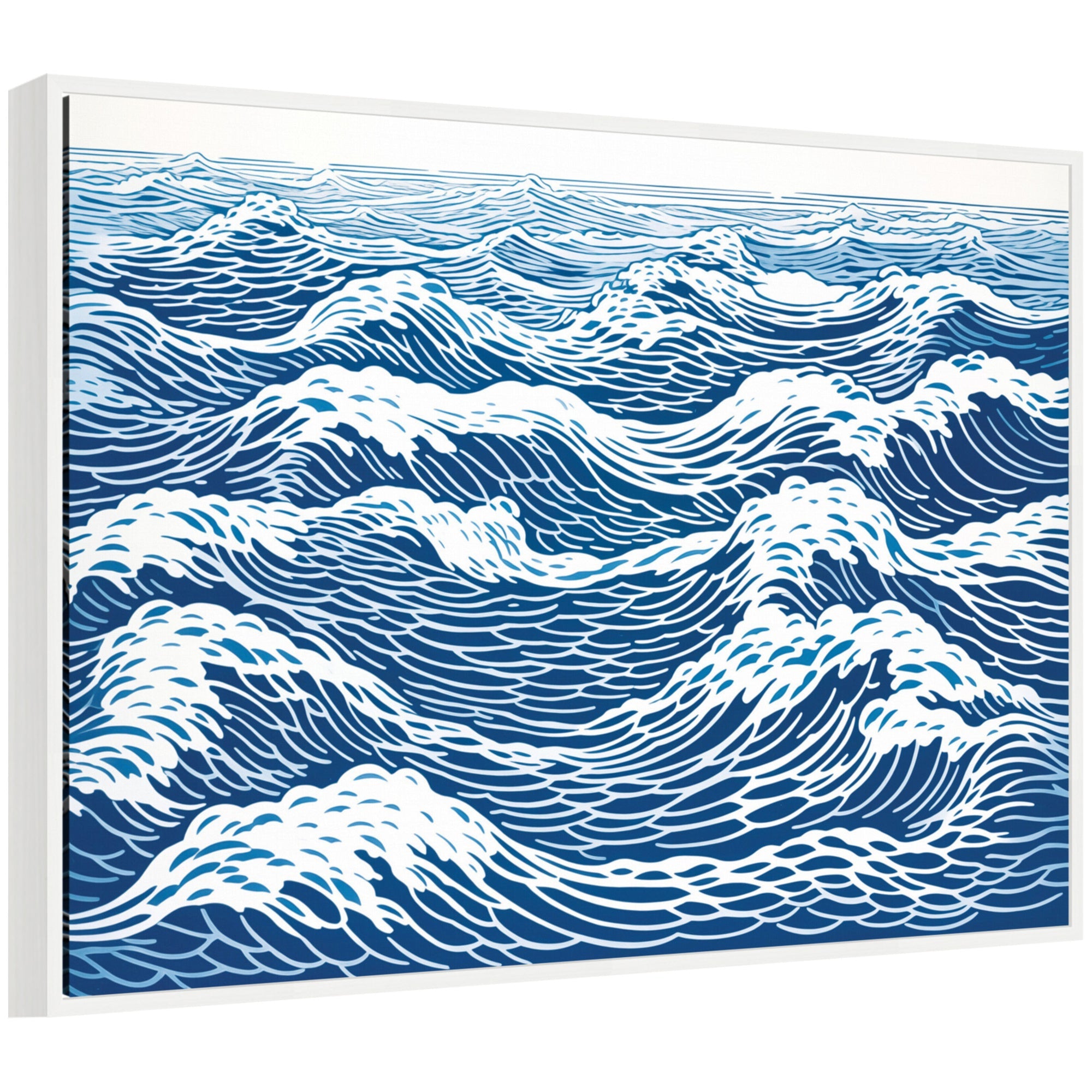 Sylvie Linocut Abstract Waves Blue and White Framed Canvas by The Creative Bunch Studio