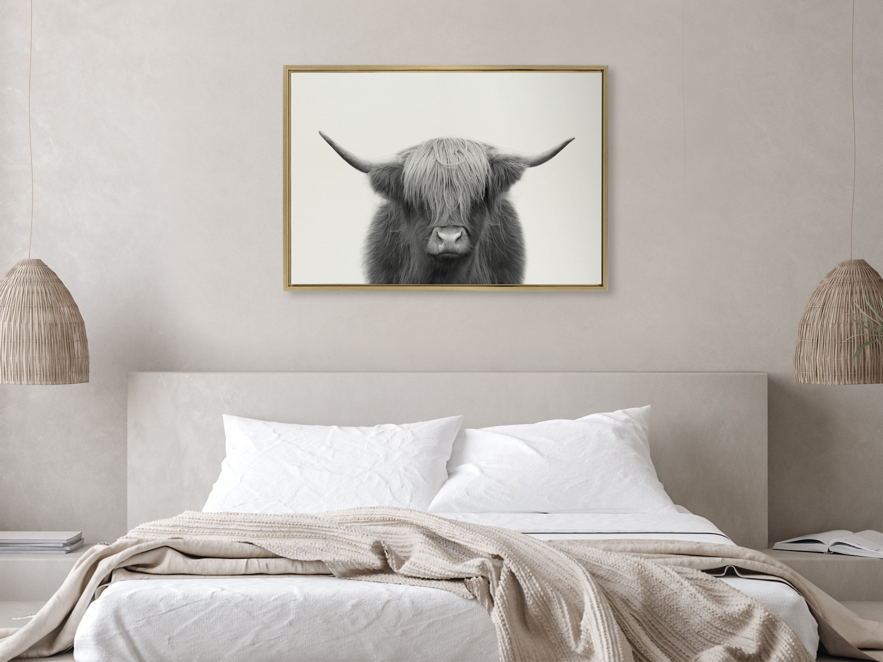 Sylvie Hey Dude Highland Cow Framed Linen Canvas by The Creative Bunch Studio