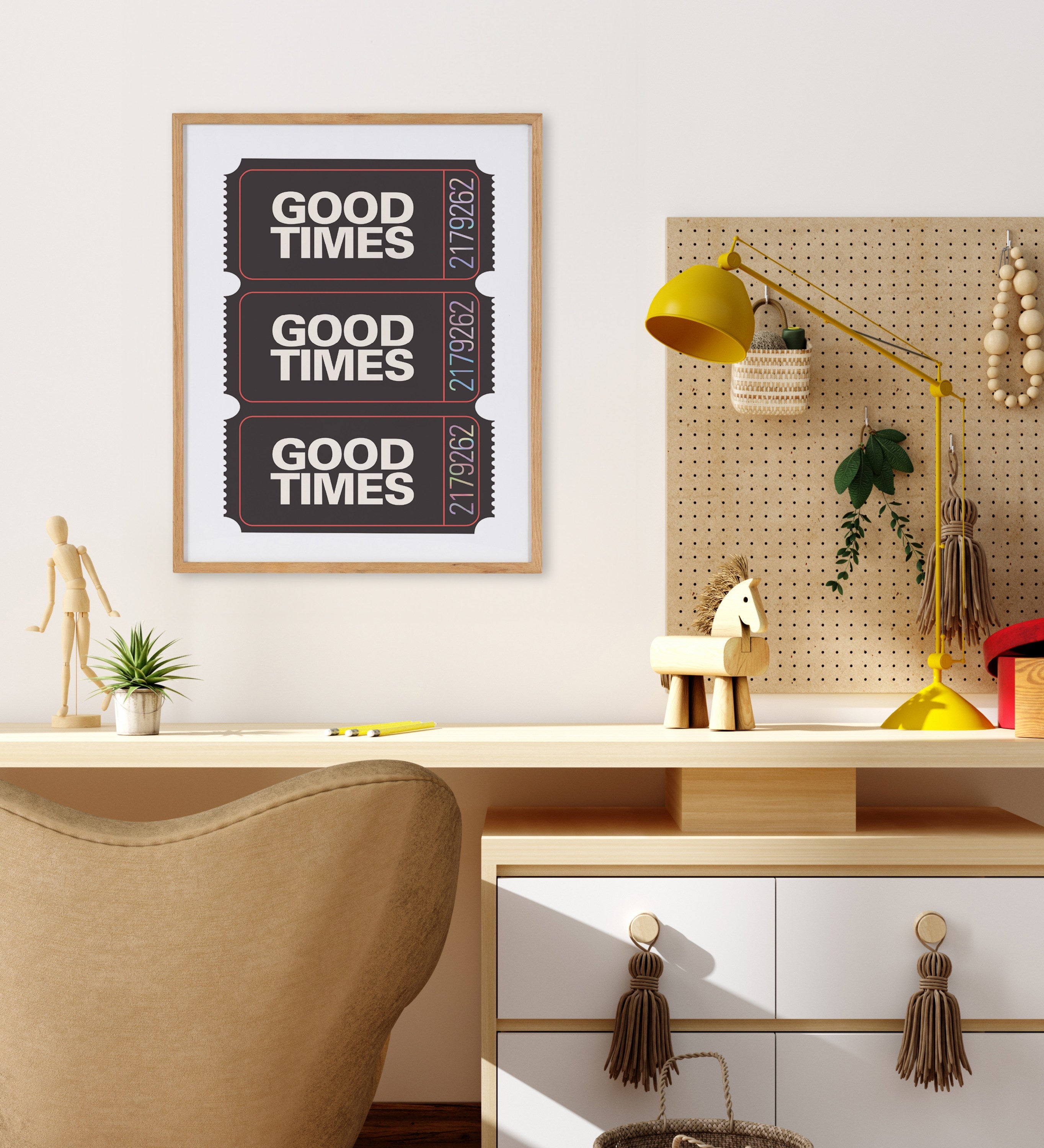 Gallery Preppy Retro Positive Quote Good Times Ticket Print by The Creative Bunch Studio
