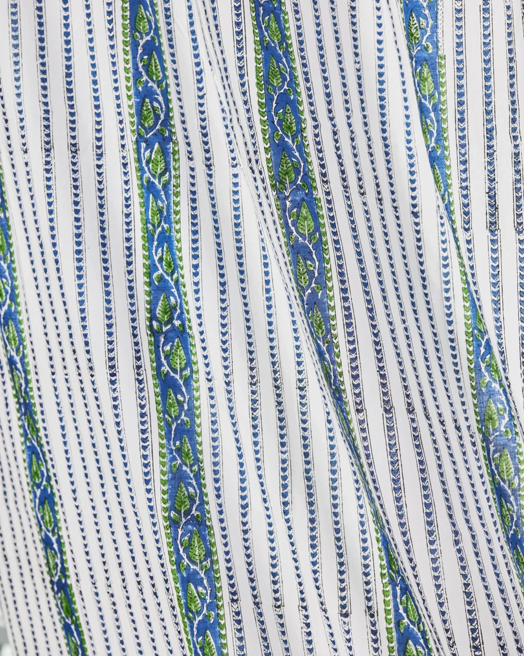 White & Blue Hand Block Printed Linen Curtains | Leaf & Stripe Design-2