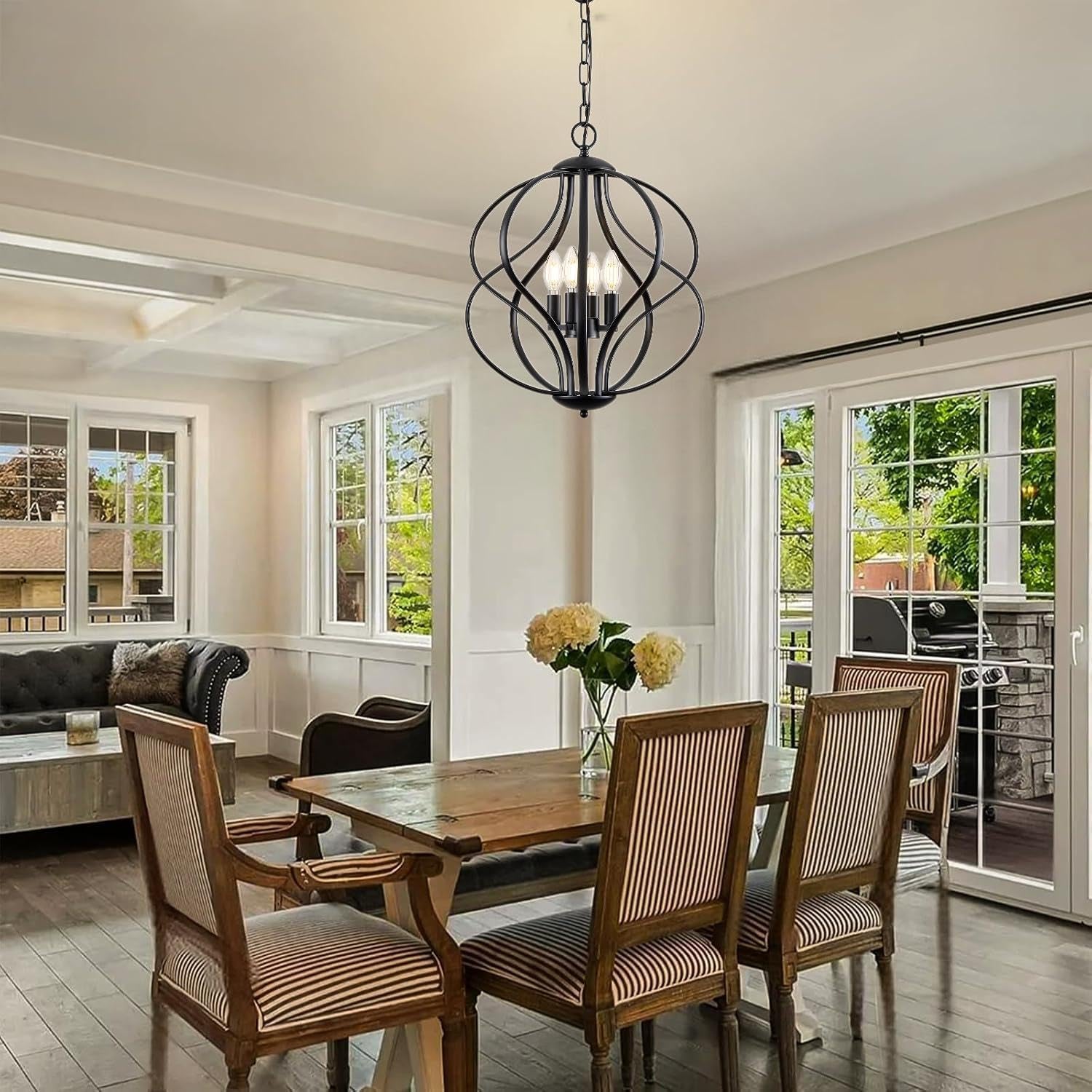 Black 4 Light Geometric Chandelier Pendant Light Dining-2