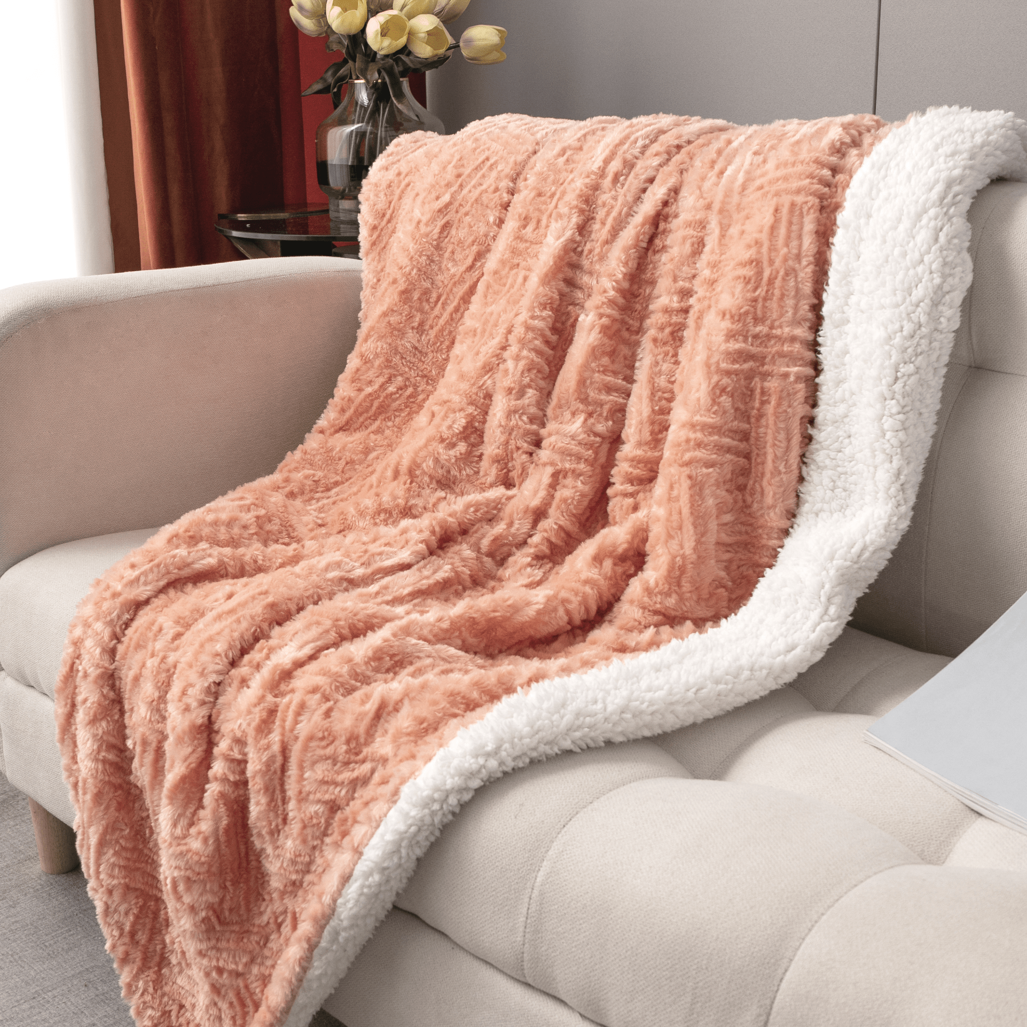 DaDa Bedding Coral Peach Rose Faux Fur Throw Blanket - Dreamy Geometric Embossed Sherpa Backside - Super Soft Warm Cozy Plush Fluffy
