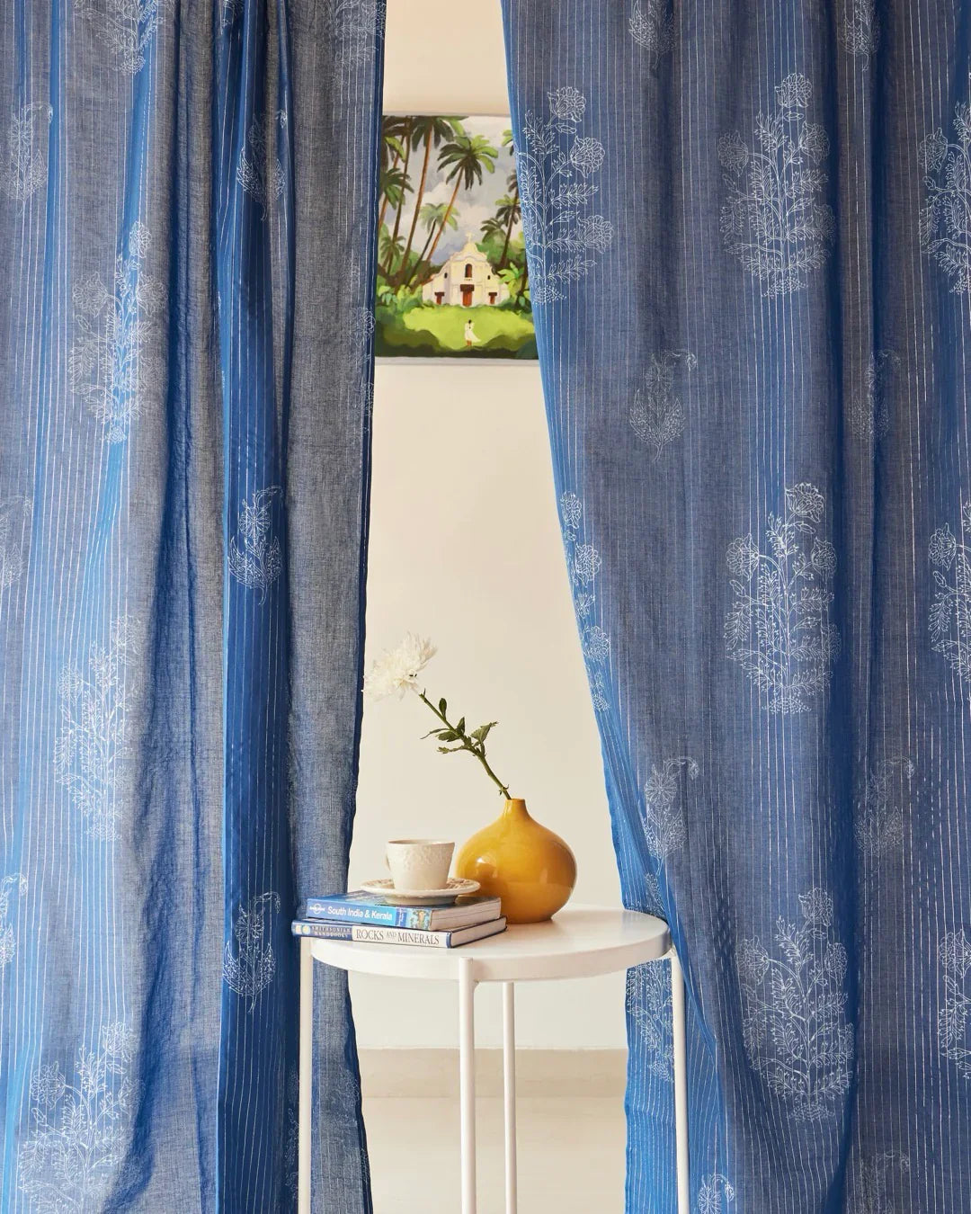 Indigo Hand Block Printed Linen Curtains | Floral & Stripe Design-0