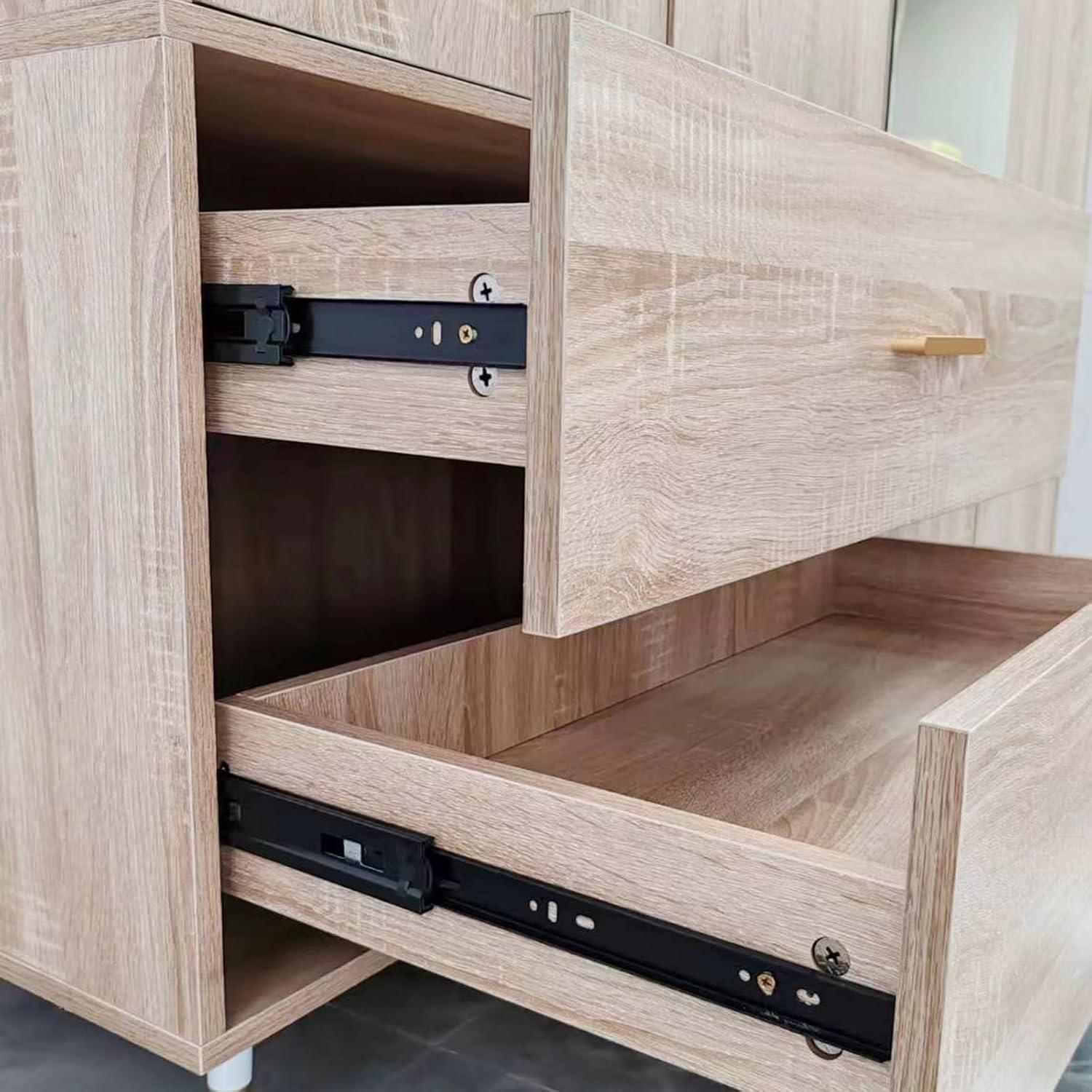 Oak Wooden Armoire Wardrobe – 4-Door Storage Cabinet with Mirror, Hanging Rods, Drawers & Shelves - PRHOMZ