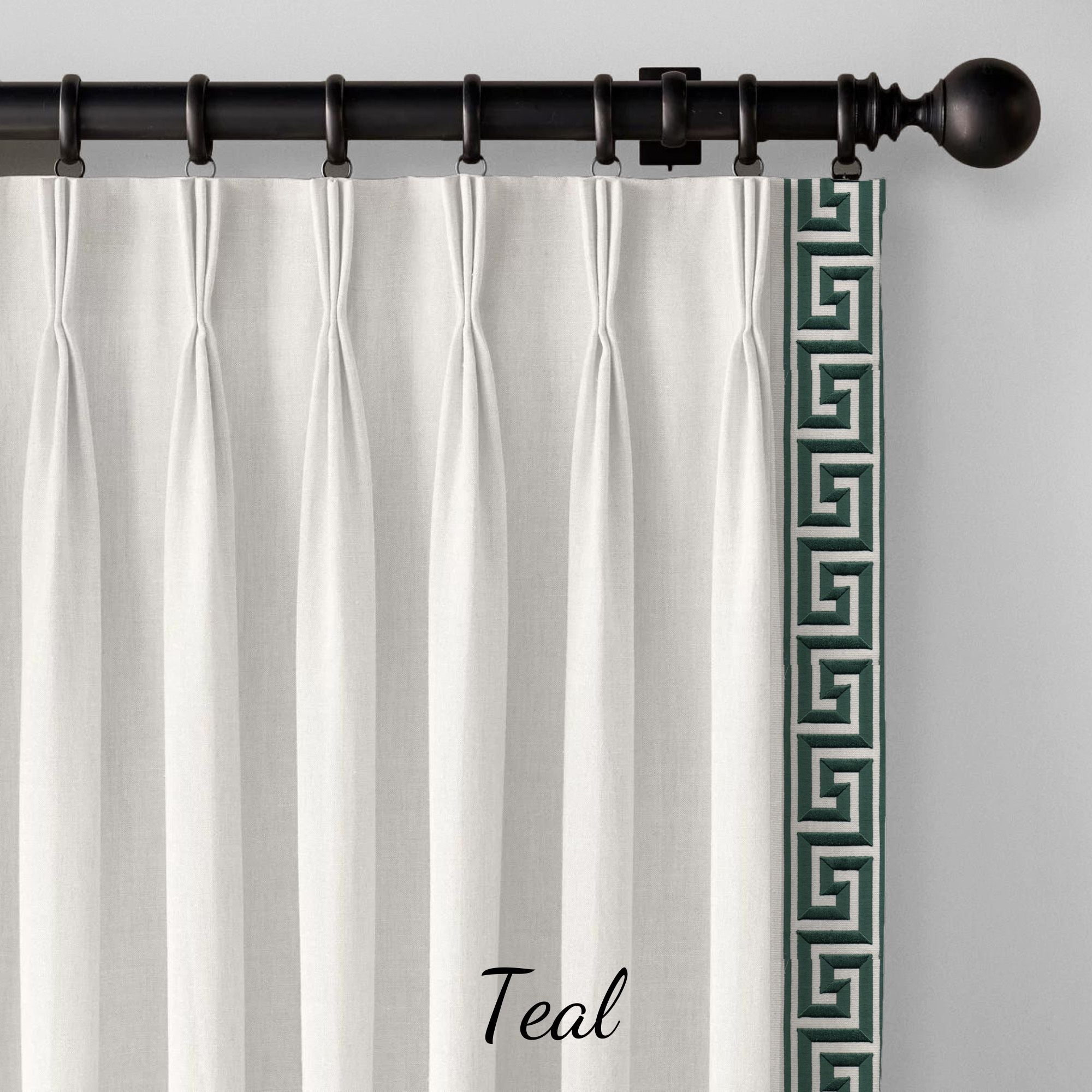 Luxury GOTS Certified White Linen Curtains | Triple Pinch Pleat | Greek Key Trim (19 Colours) | Custom Sizes-3
