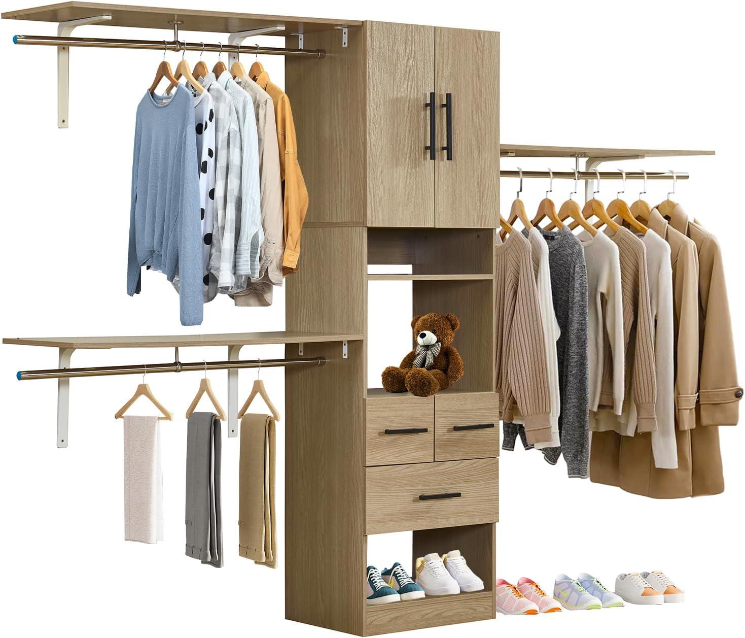 8FT Brown Built-In Closet System with 3 Drawers, 2 Doors, Shelves, Towers & Hanging Rods – Wood Organizer for Bedroom Storage - PRHOMZ
