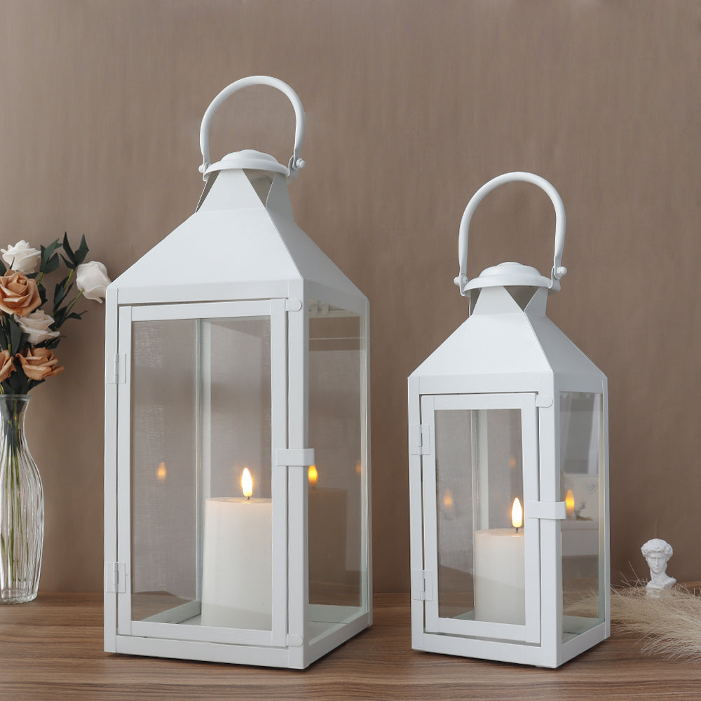 17.5"&13.5"Set of 2 Metal Candle Lanterns(White)-2