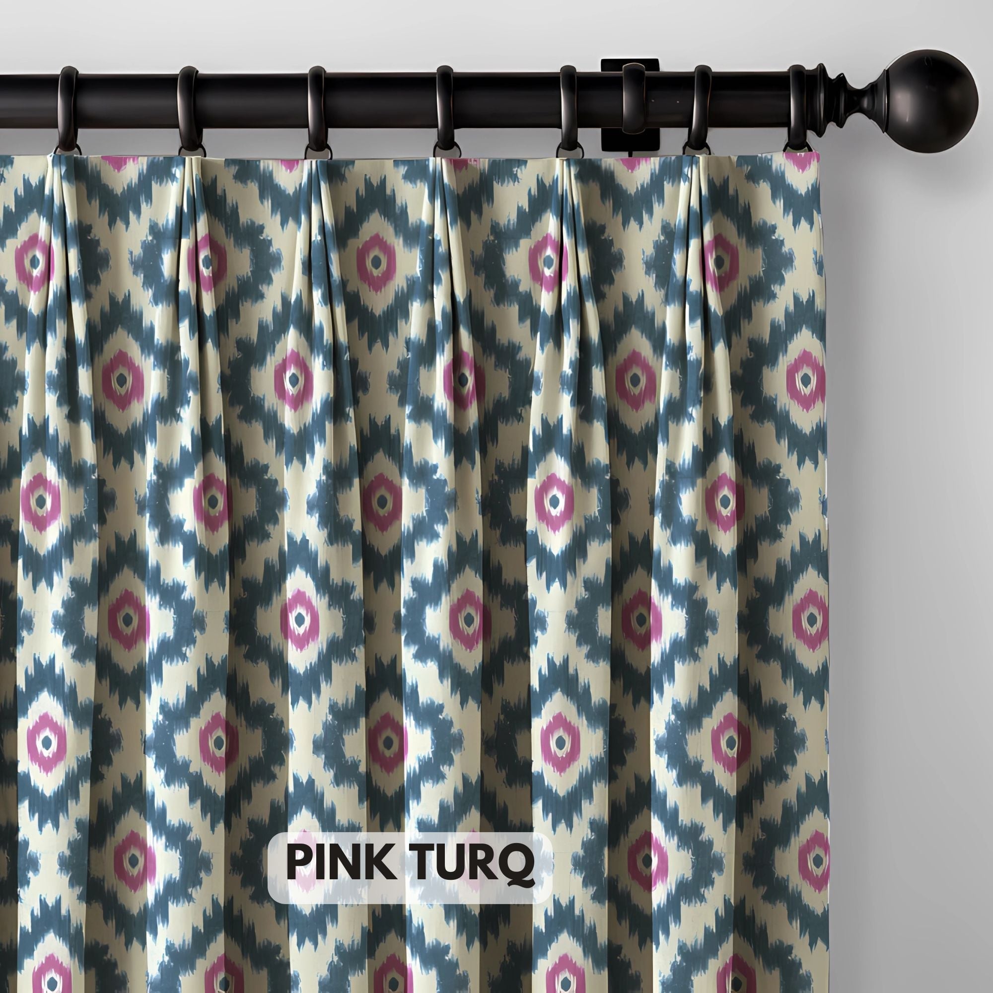 Ikat Cotton Linen Pinch Pleat Curtains - Pink Turq, Natural Blue, Grey Ochre | Made to Measure & Standard Sizes | Blackout & Light Filtering Options-3