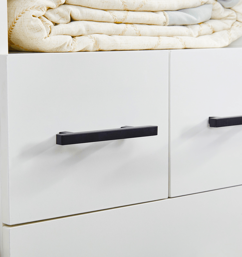 8FT White Closet Organizer System with Shelves, Towers, 3 Drawers & Hanging Rods - Built-In Oak Closet Storage Cabinet for Bedroom - PRHOMZ