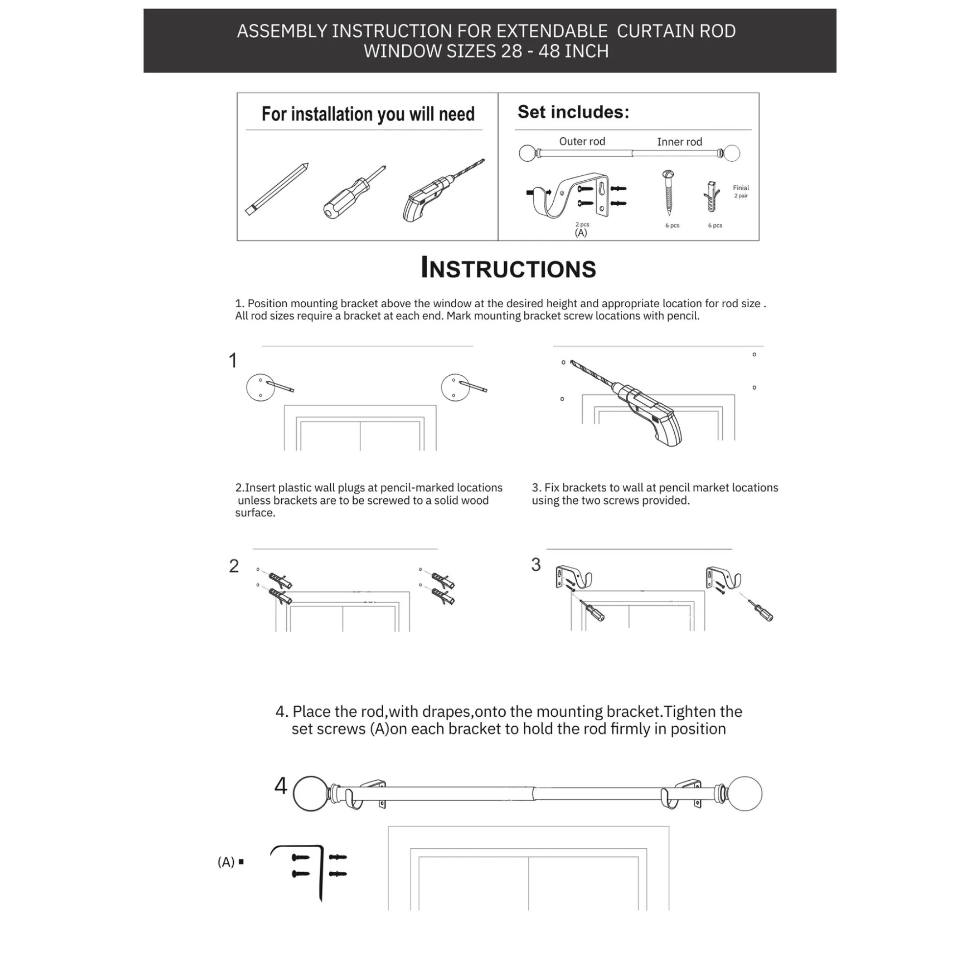 Black Extendable Telescopic Curtain Pole | Rod With Studded Ball Finials | 61-366cm-3