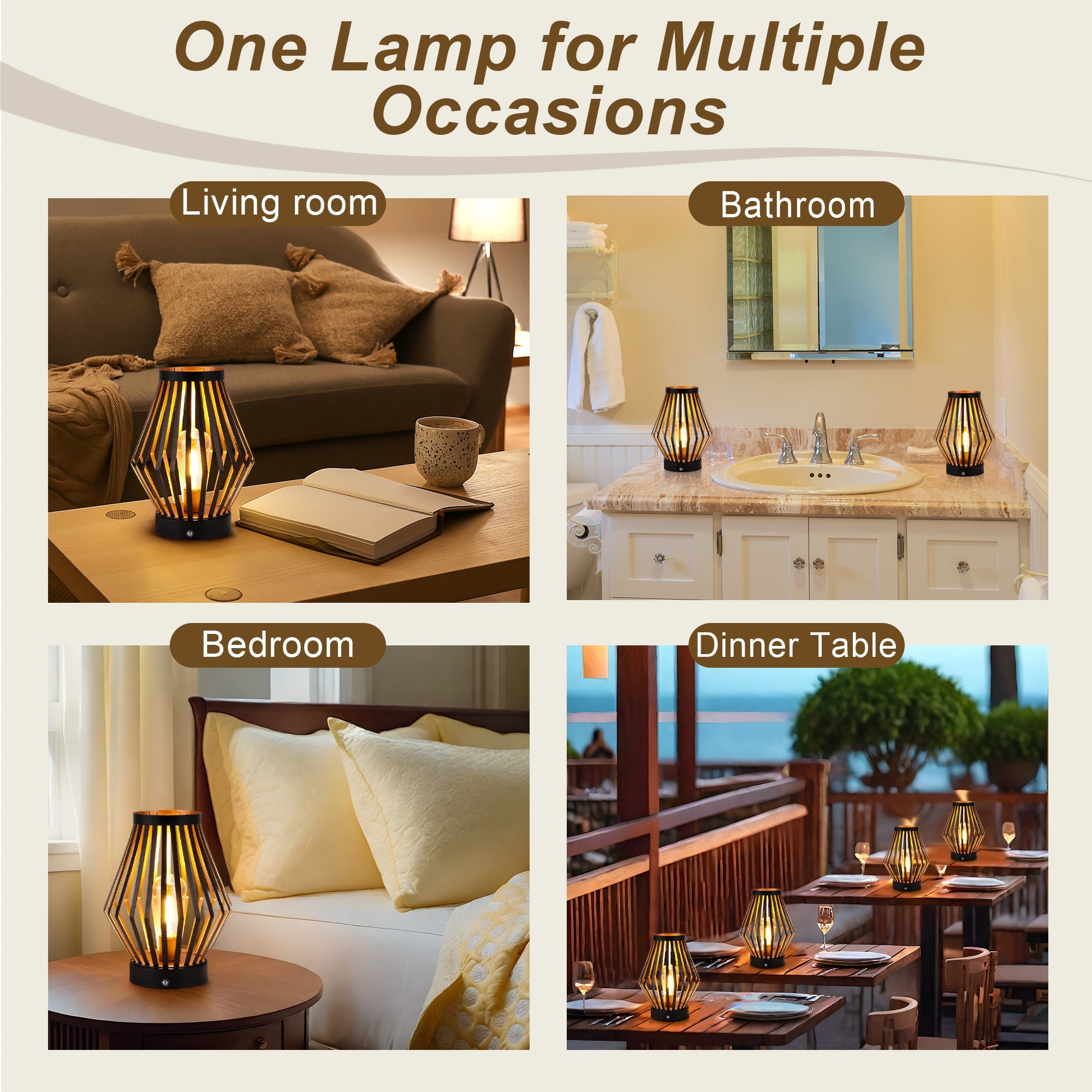 JHY DESIGN Set of 2 Dimmable Bedside Table Lamp 8.5''H Rechargeable Metal Cage Lantern with LED Edison Style Bulb Cordless Accent Lamp for Weddings Parties Patio Events for Indoors Outdoors-2