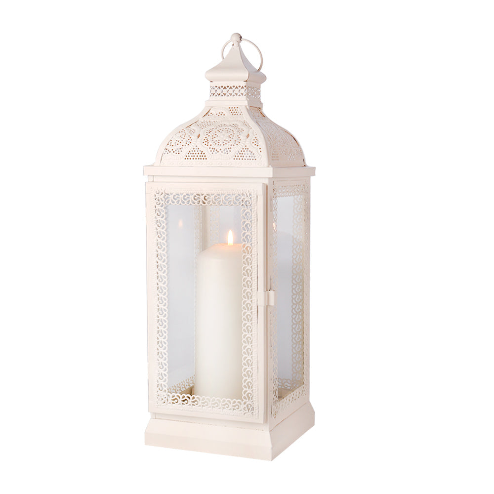 Rustic Metal Decorative Candle Lantern Hanging Candle Holder with Tempered Glass(White)-1