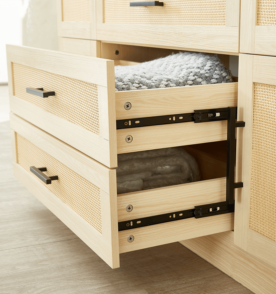 Natural Rattan Armoire Wardrobe – Wood 4-Door, 4-Drawer Closet with Mirrors, Hanging Rod & Shelves - PRHOMZ