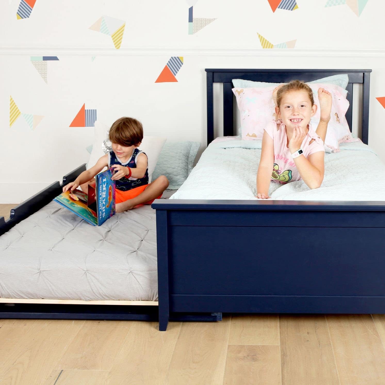 Blue Twin Bed Frame With Trundle Slatted Headboard