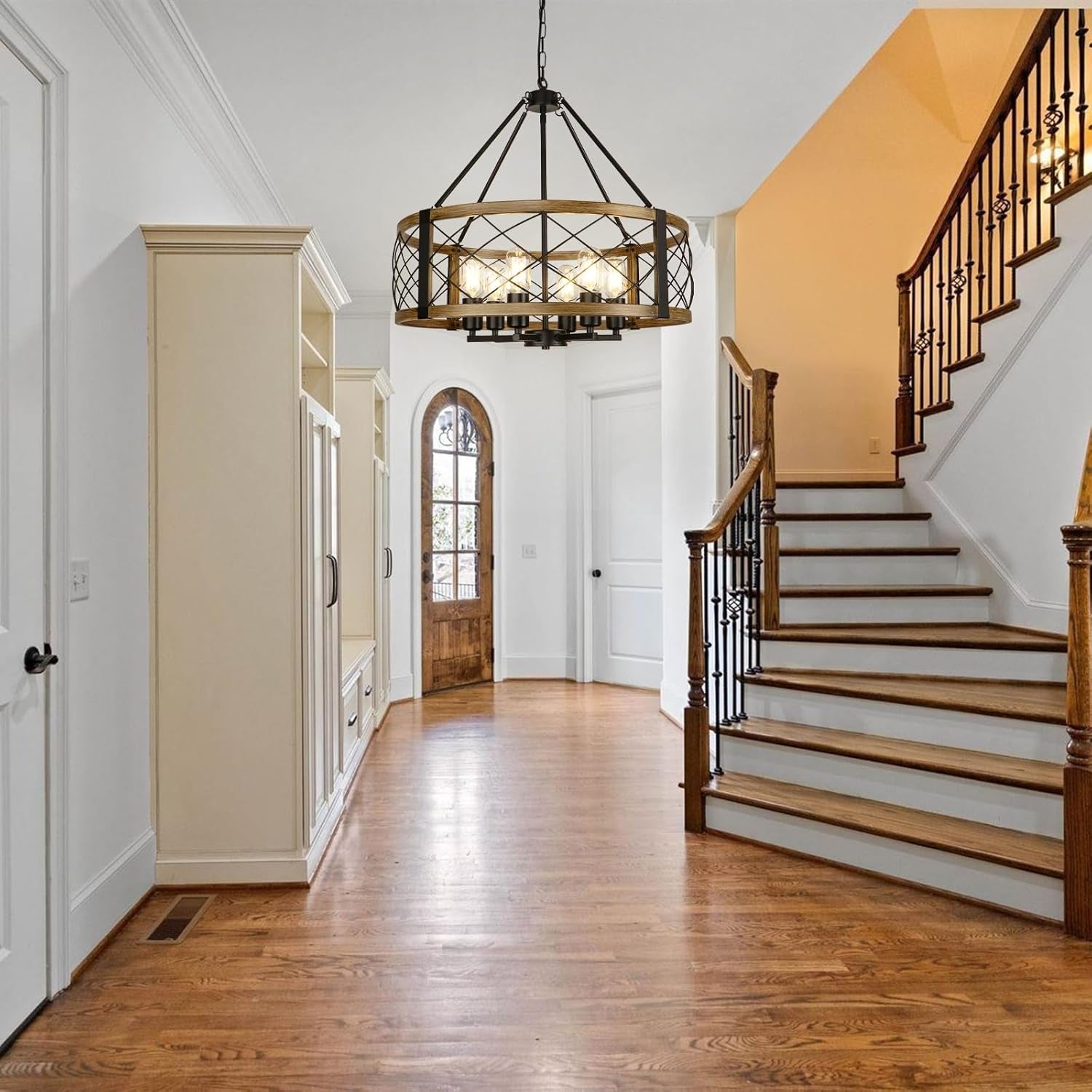 Six Light Walnut Wood Grain Finish Farmhouse Chandelier-4