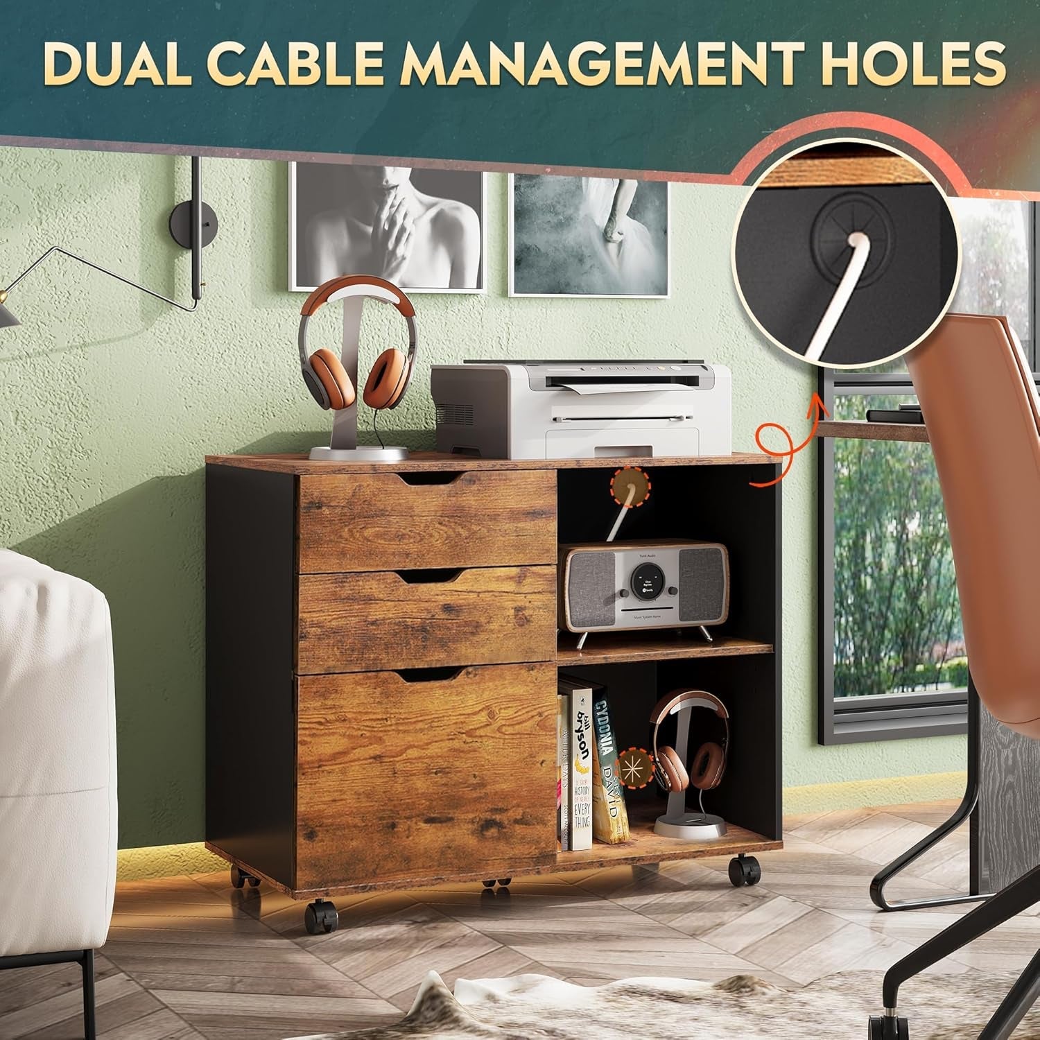 Mobile 3 Drawer Wood File Cabinet With Open Storage Shelves Rustic Brown