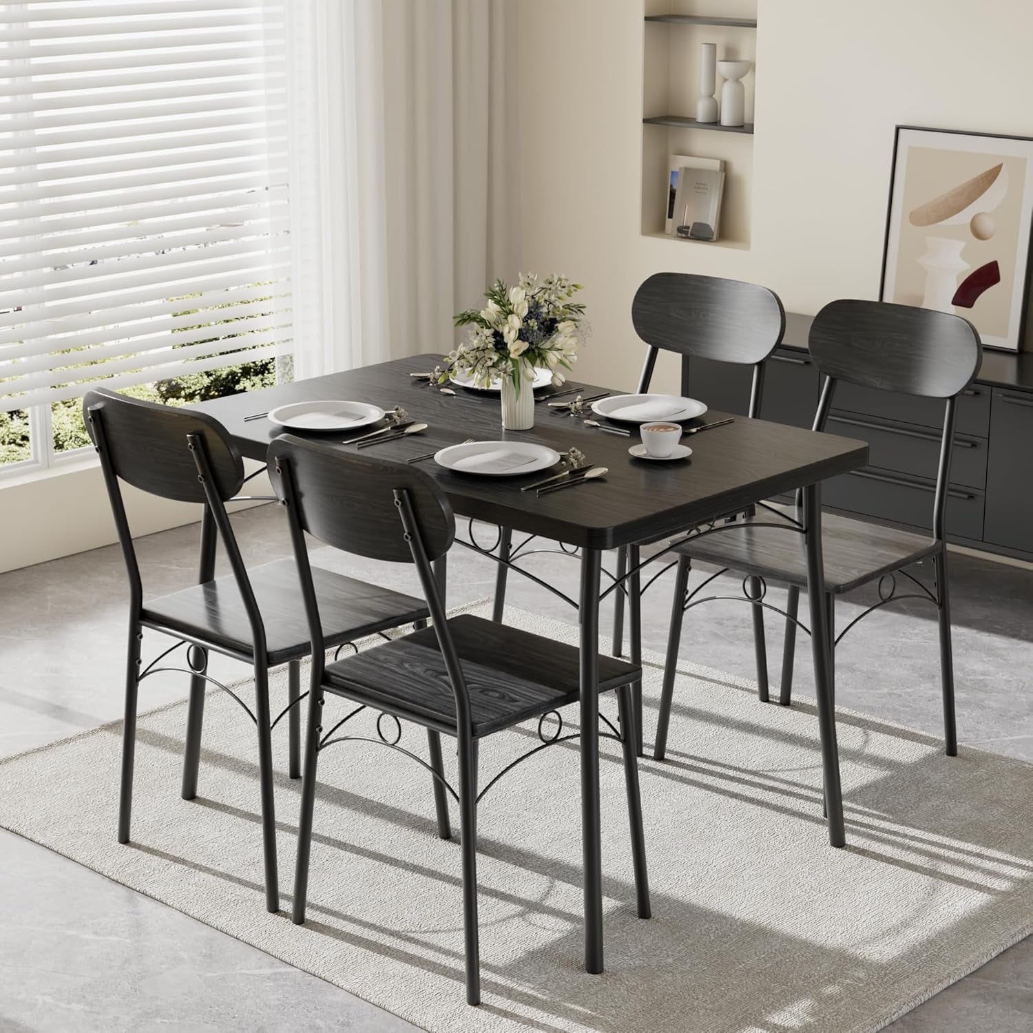 Black MDF Space Saving Dining Room Table Set With Chairs For Four