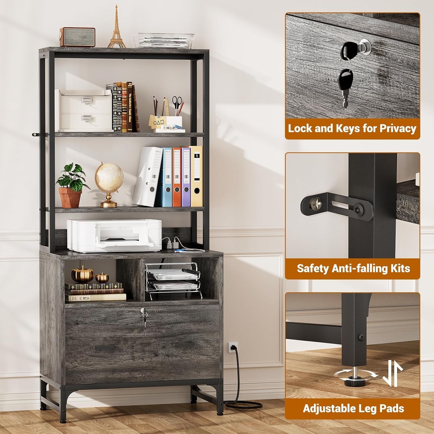 Grey File Cabinet With Charging Station And Locking Drawer