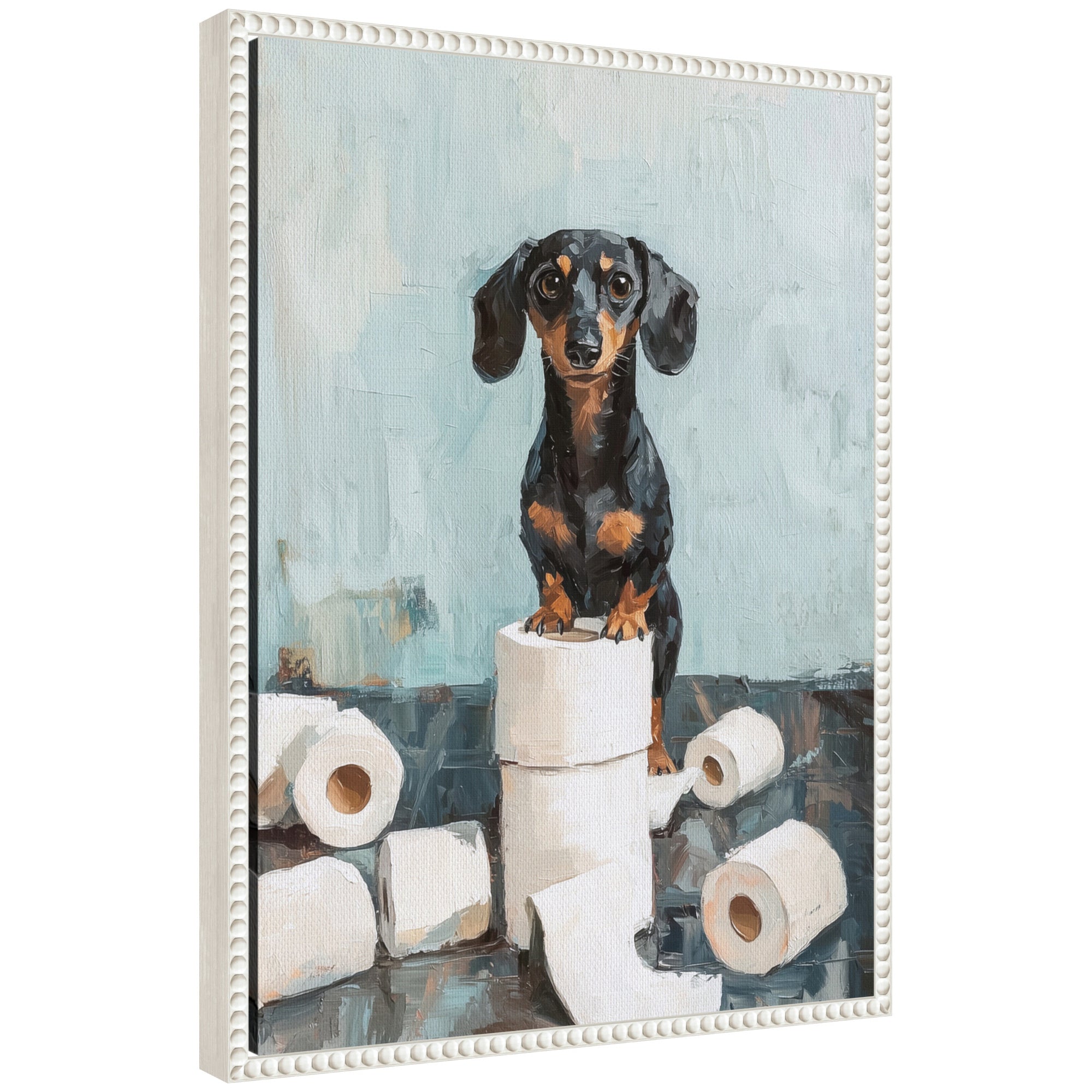 Sylvie Cute Dachshund Dog Toilet Paper Rolls Blue Teal Bathroom Art Framed Canvas by The Creative Bunch Studio