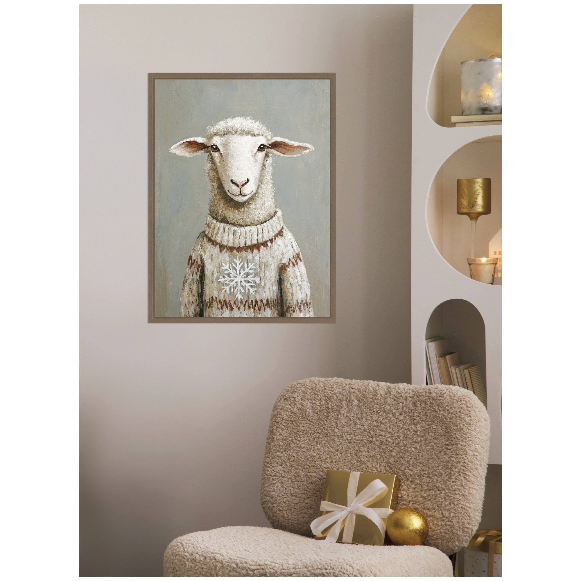 Sylvie Framed Canvas Sheep in Winter Snowflake Sweater by The Creative Bunch Studio