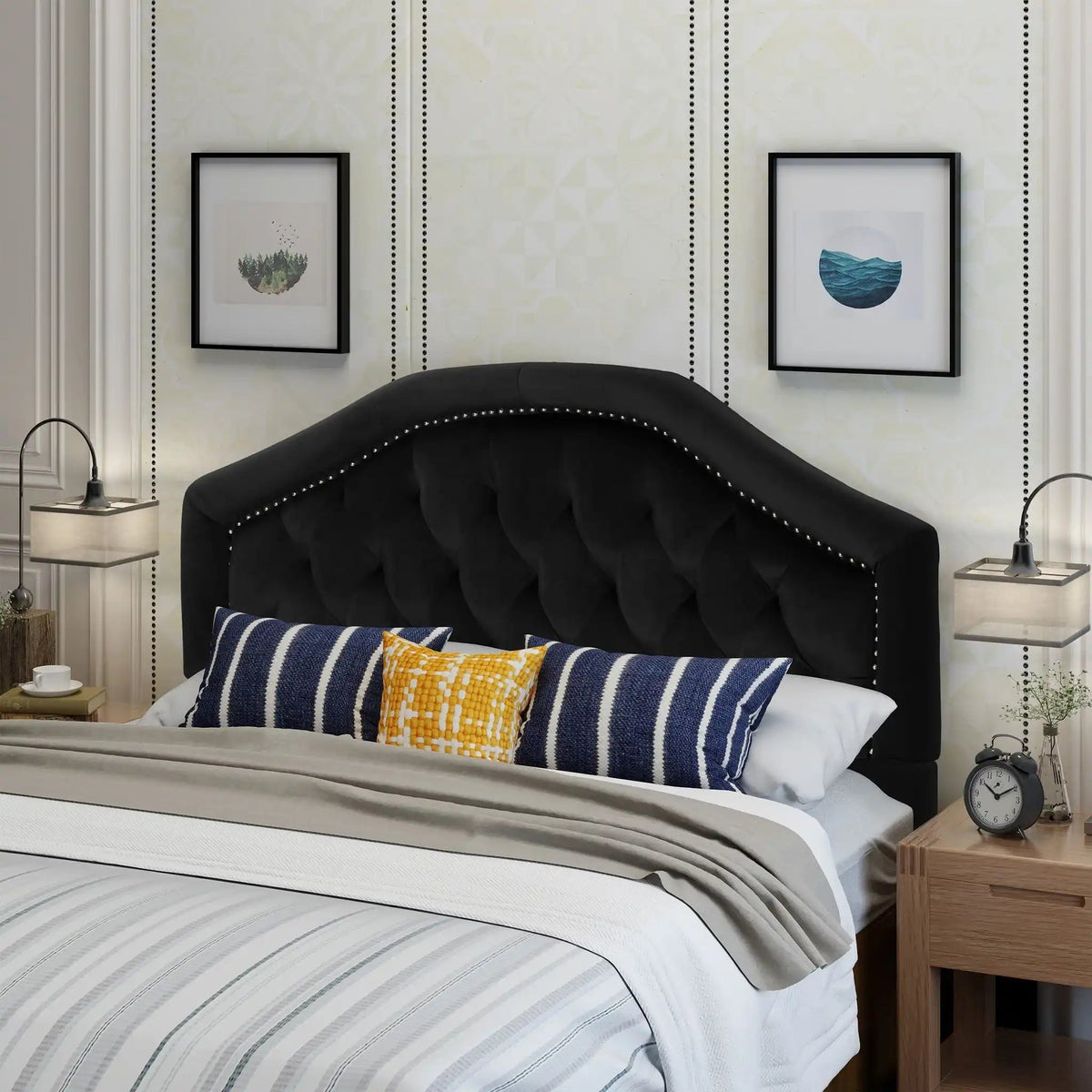 Kaarina Contemporary Tufted Fabric Headboard with Nailhead Trim - Queen