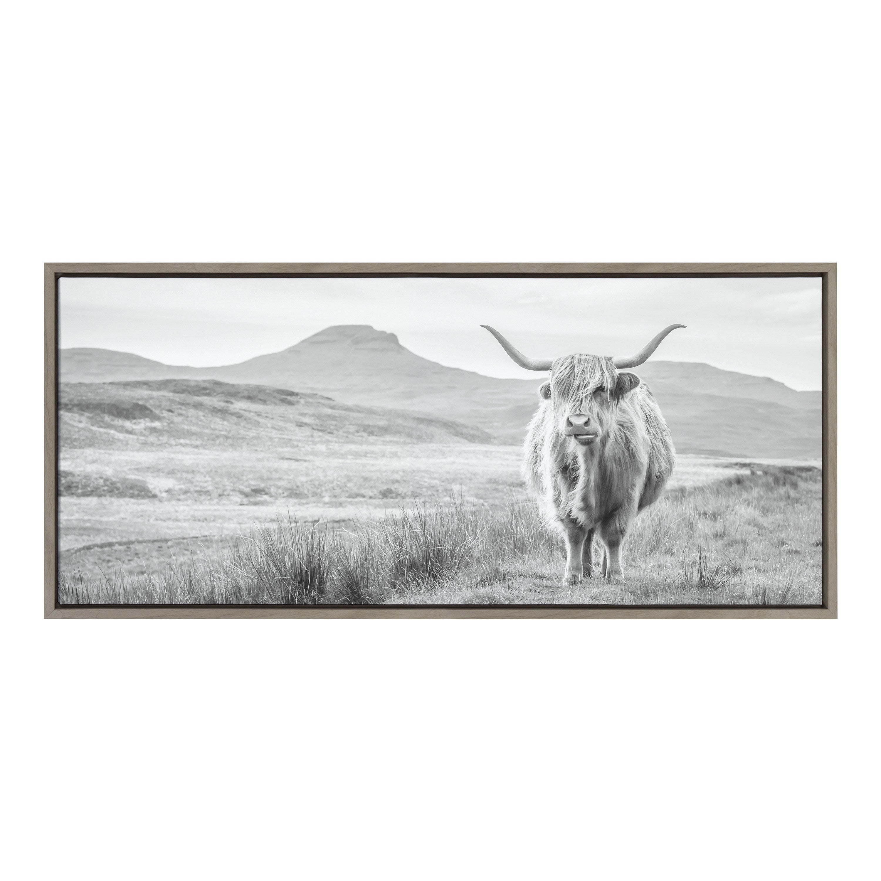 Sylvie Highland Cow Mountain Landscape Black and White Framed Canvas by The Creative Bunch Studio