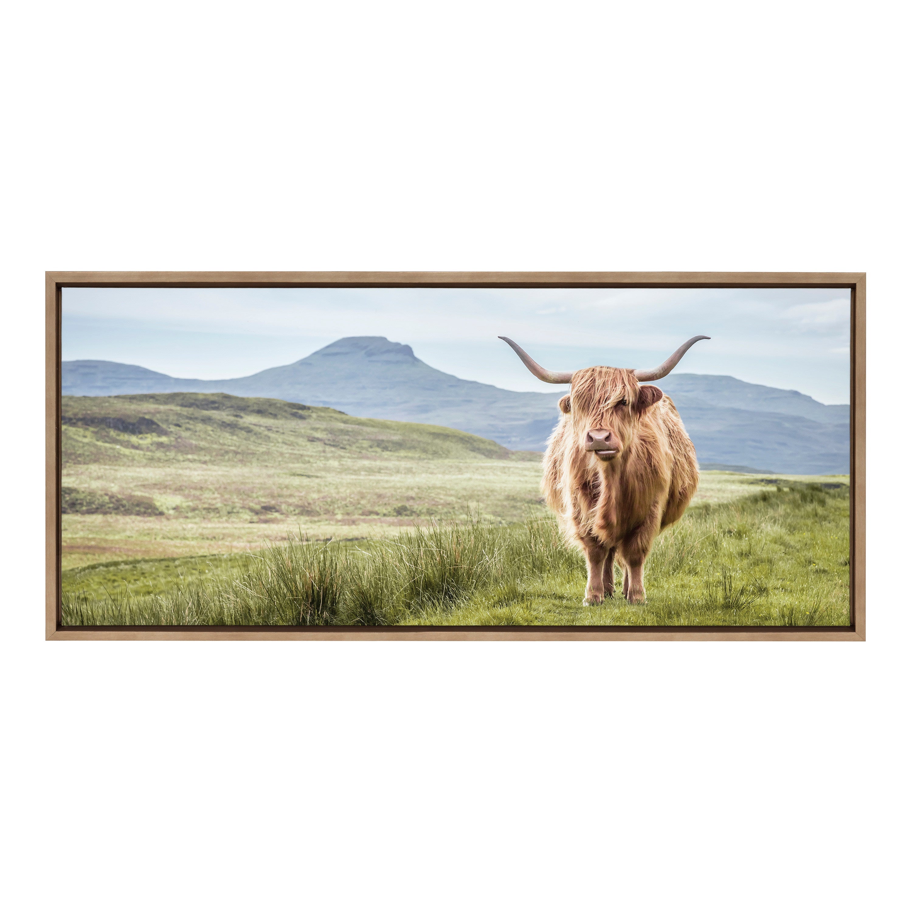 Sylvie Highland Cow Mountain Landscape Framed Canvas by The Creative Bunch Studio