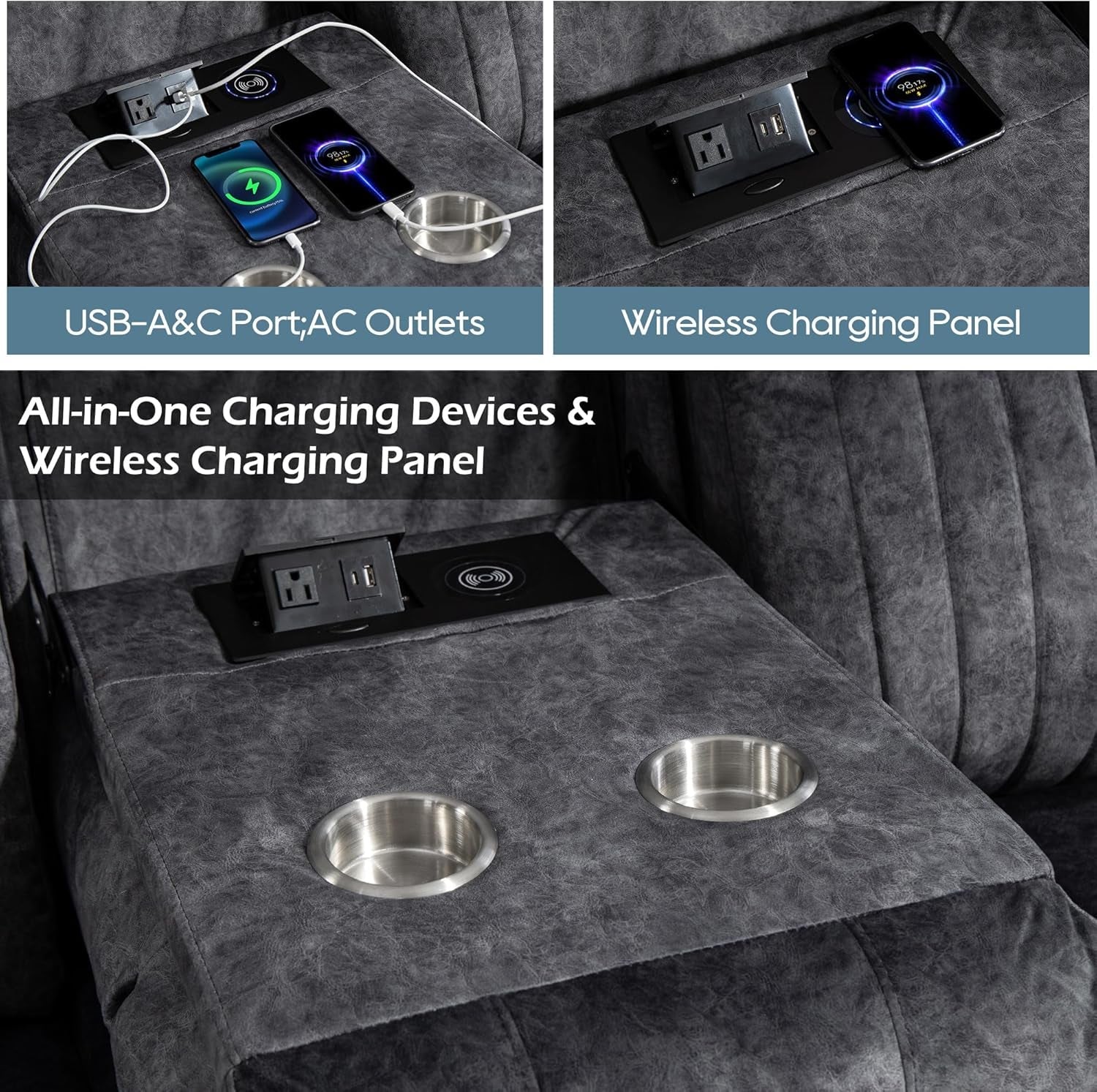 Zero Gravity Power Reclining Sofa Grey With USB Ports