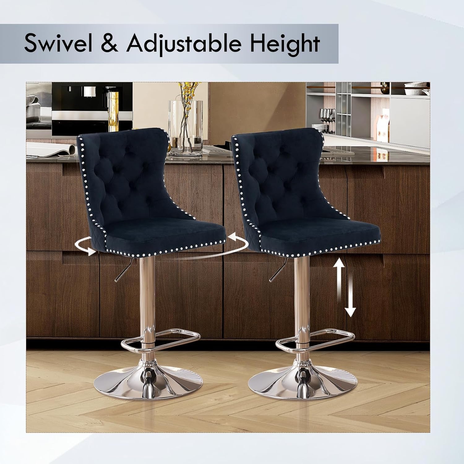 Velvet Swivel Bar Stools Adjustable Set Of 4 In Black