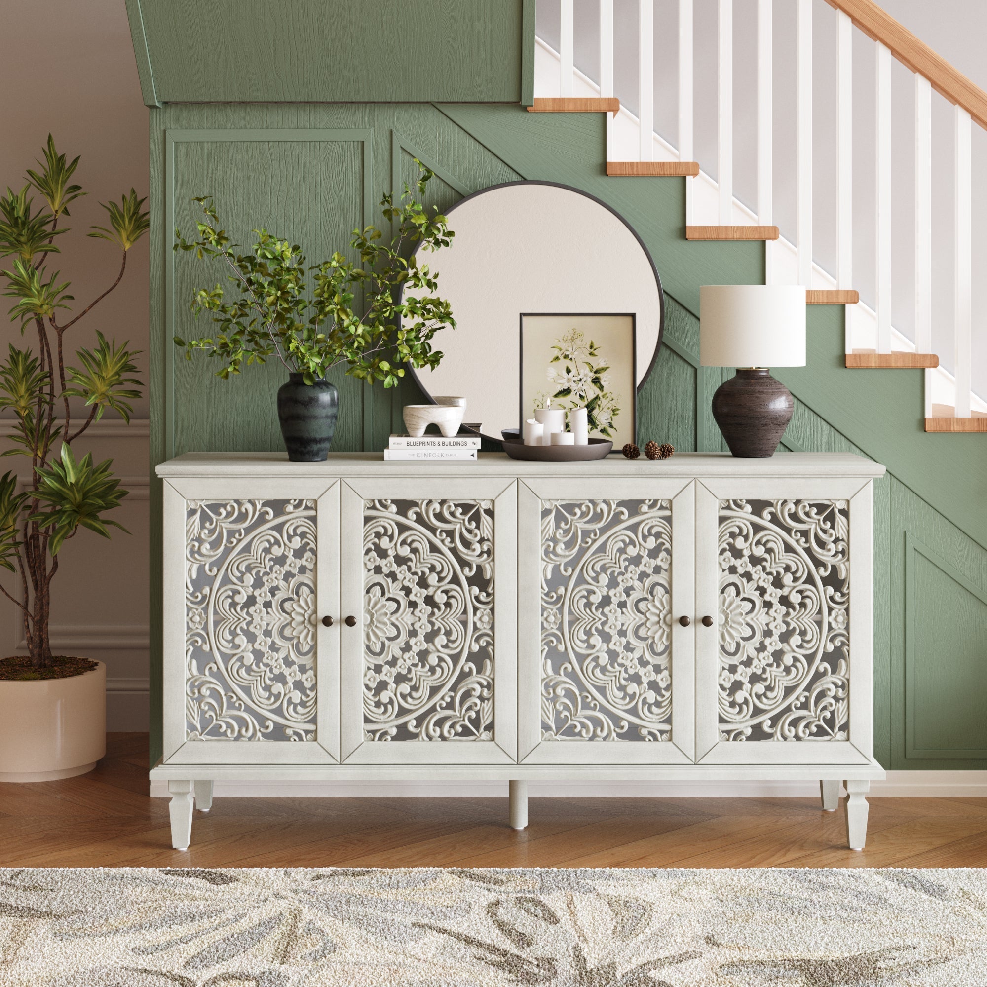 60" Antique Buffet Cabinet with Floral Carvings and Solid Wood Legs